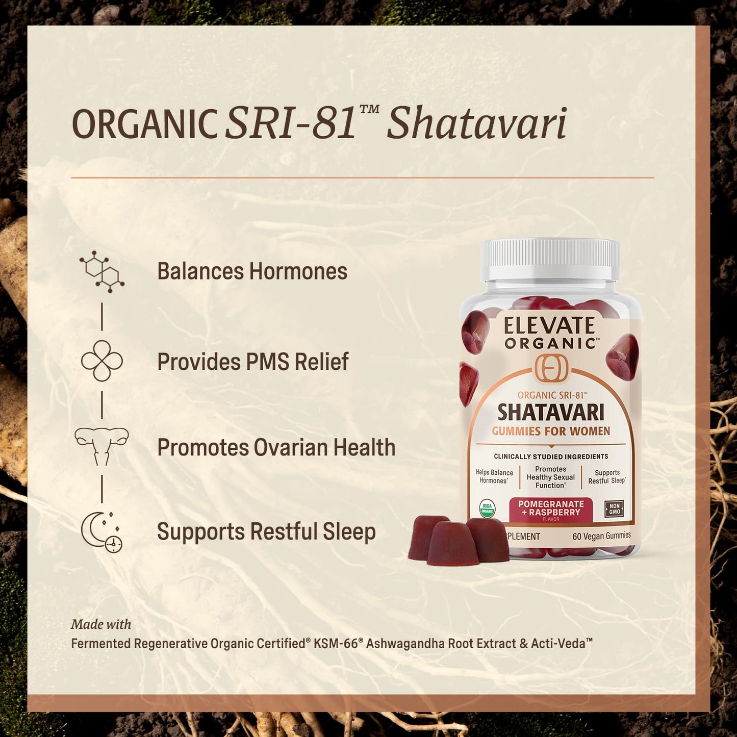 ELEVATE ORGANIC SRI-81 Shatavari Vegan Gummies, 60 Count