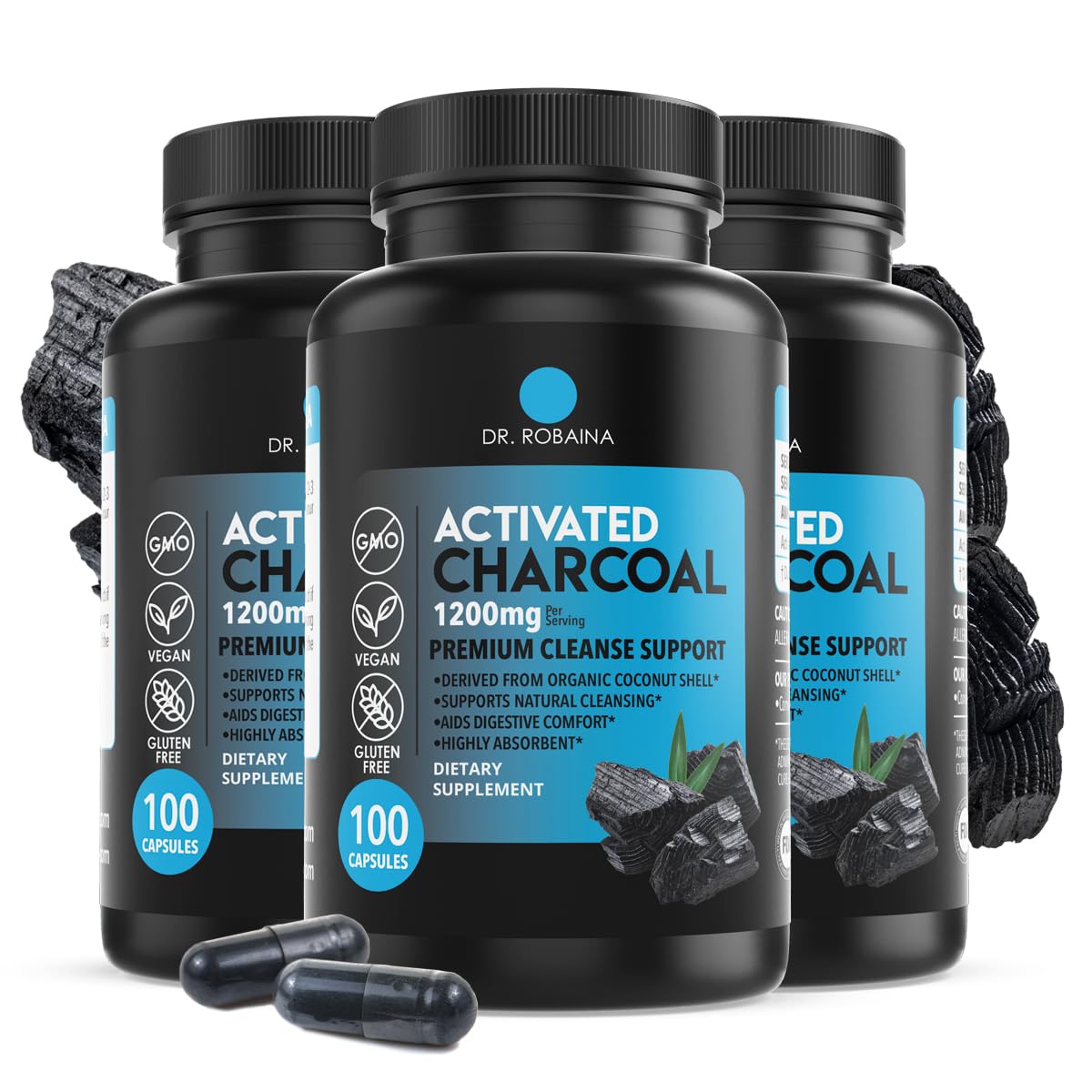 Dr. Robaina Activated Charcoal Capsules 1200 mg – Coconut-Shell Carbon for Gas & Bloating Relief, Digestive Comfort & Next-Morning Support – Vegan • Non-GMO – 300 Capsules