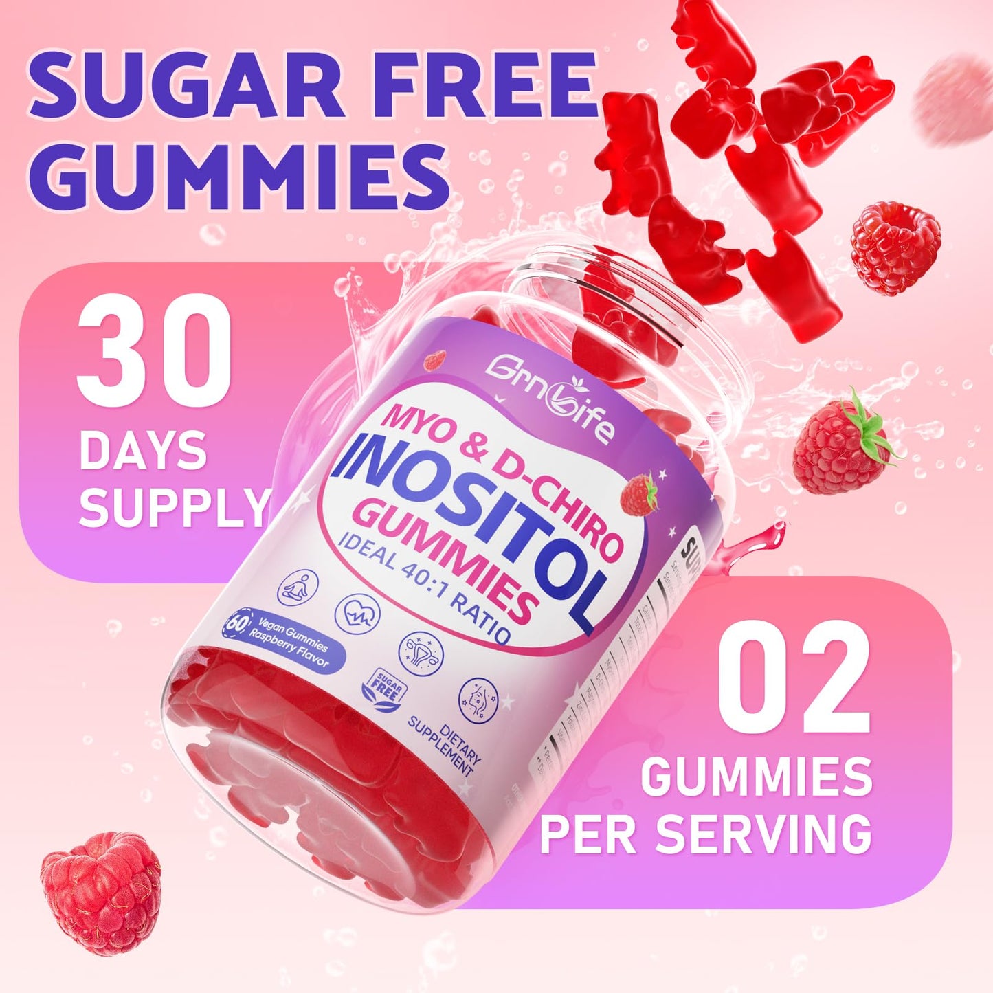 GrnLife Myo-Inositol & D-Chiro Inositol Gummies for Women, 40:1 Ratio, Vitamin D3, Magnesium Glycinate, Methyl Folate, Sugar Free, Raspberry Flavor, 120 Count