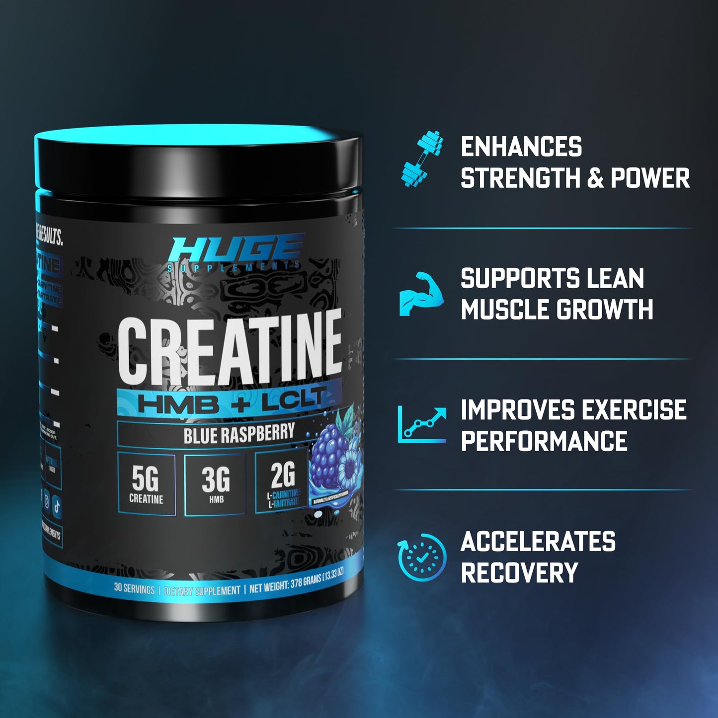 Huge Supplements Creatine HMB + LCLT Powder, 13.3 Ounce