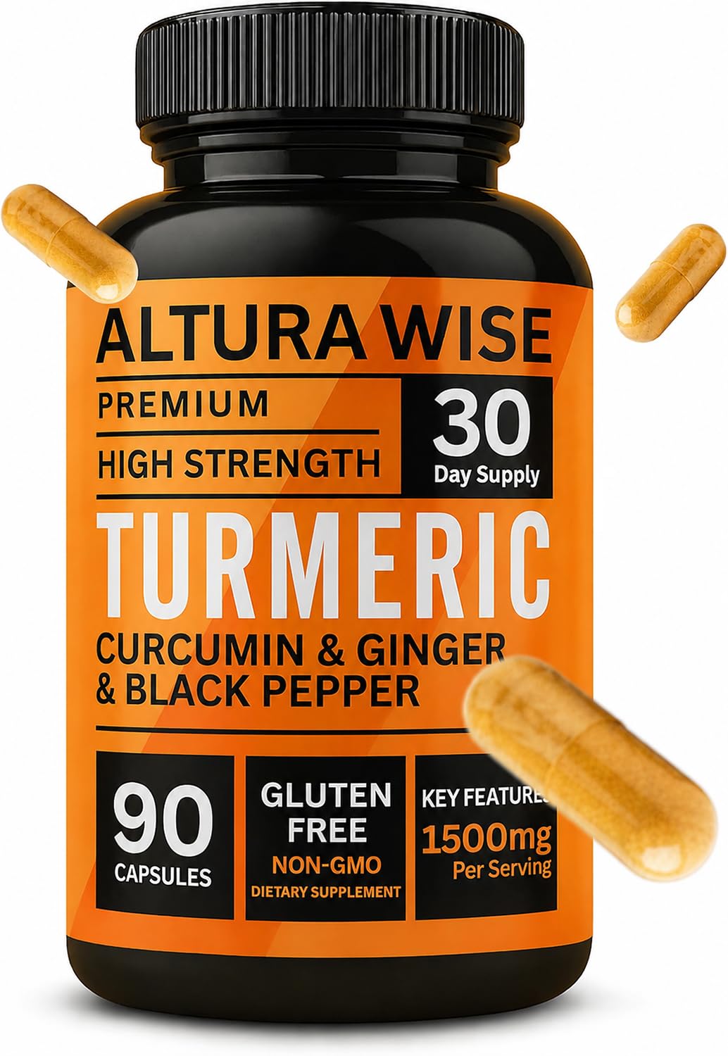 AlturaWise 4 in 1 Organic Turmeric High Strength with Black Pepper and Ginger Active Curcumin 1500mg, Capsules, 90 Count
