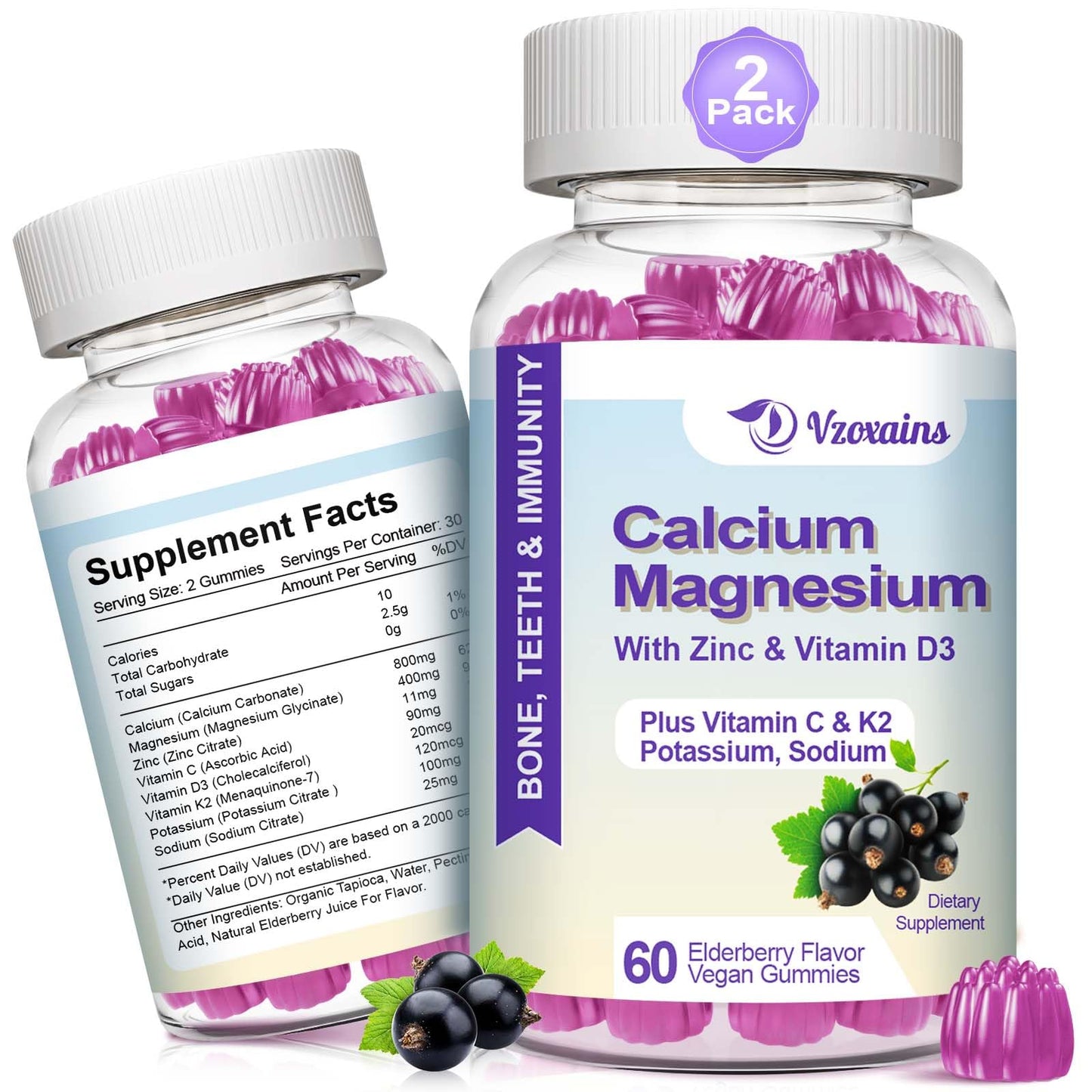 VZOXAINS Calcium Magnesium Gummies with Potassium & Vitamin D3, Sugar Free, Vegan, Elderberry Flavor, 120 Gummies