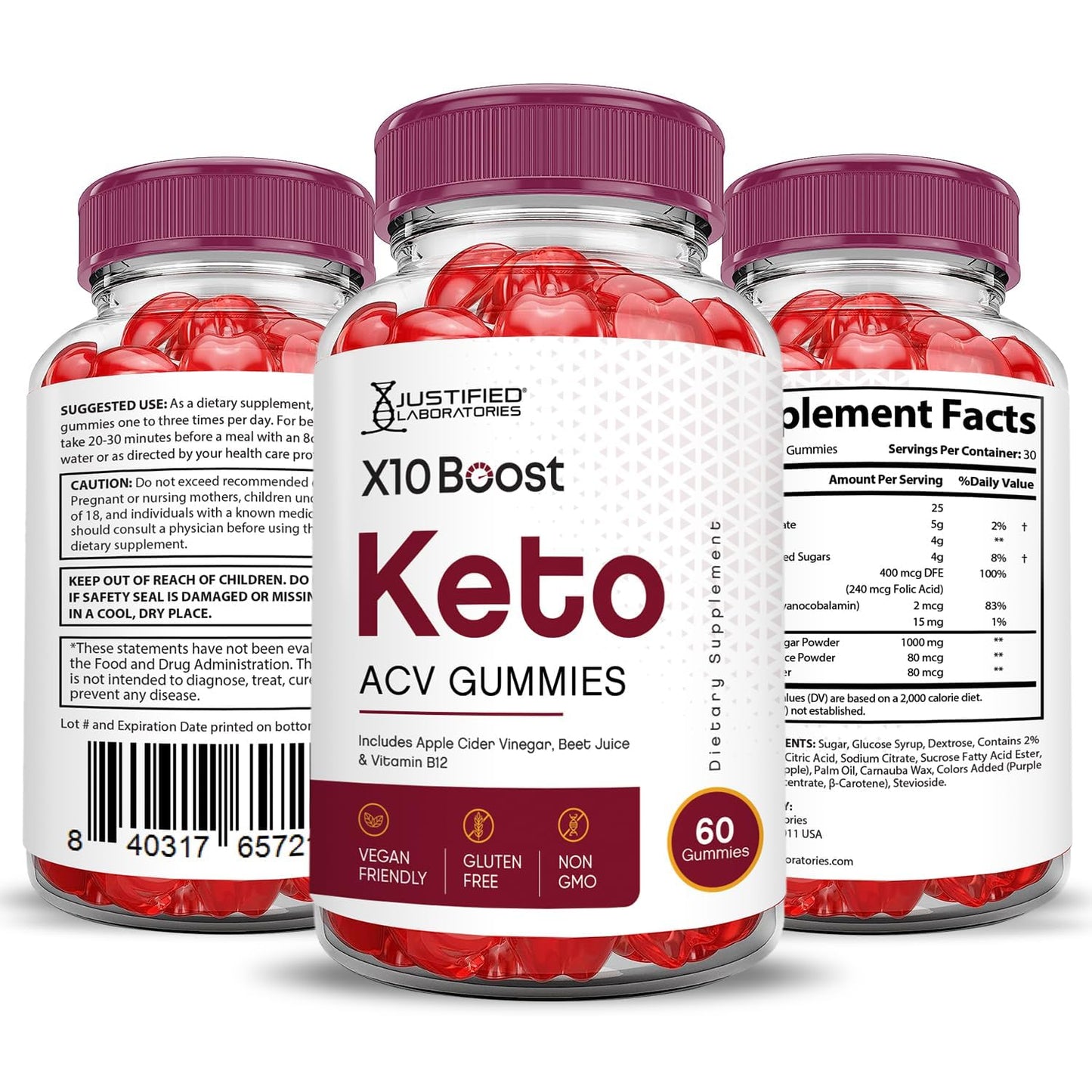 Justified Laboratories X10 Boost Keto ACV 1000 mg with Apple Cider Vinegar, Folate & Vitamin B12, Non-GMO, Vegan, Gluten Free, 180 Gummies