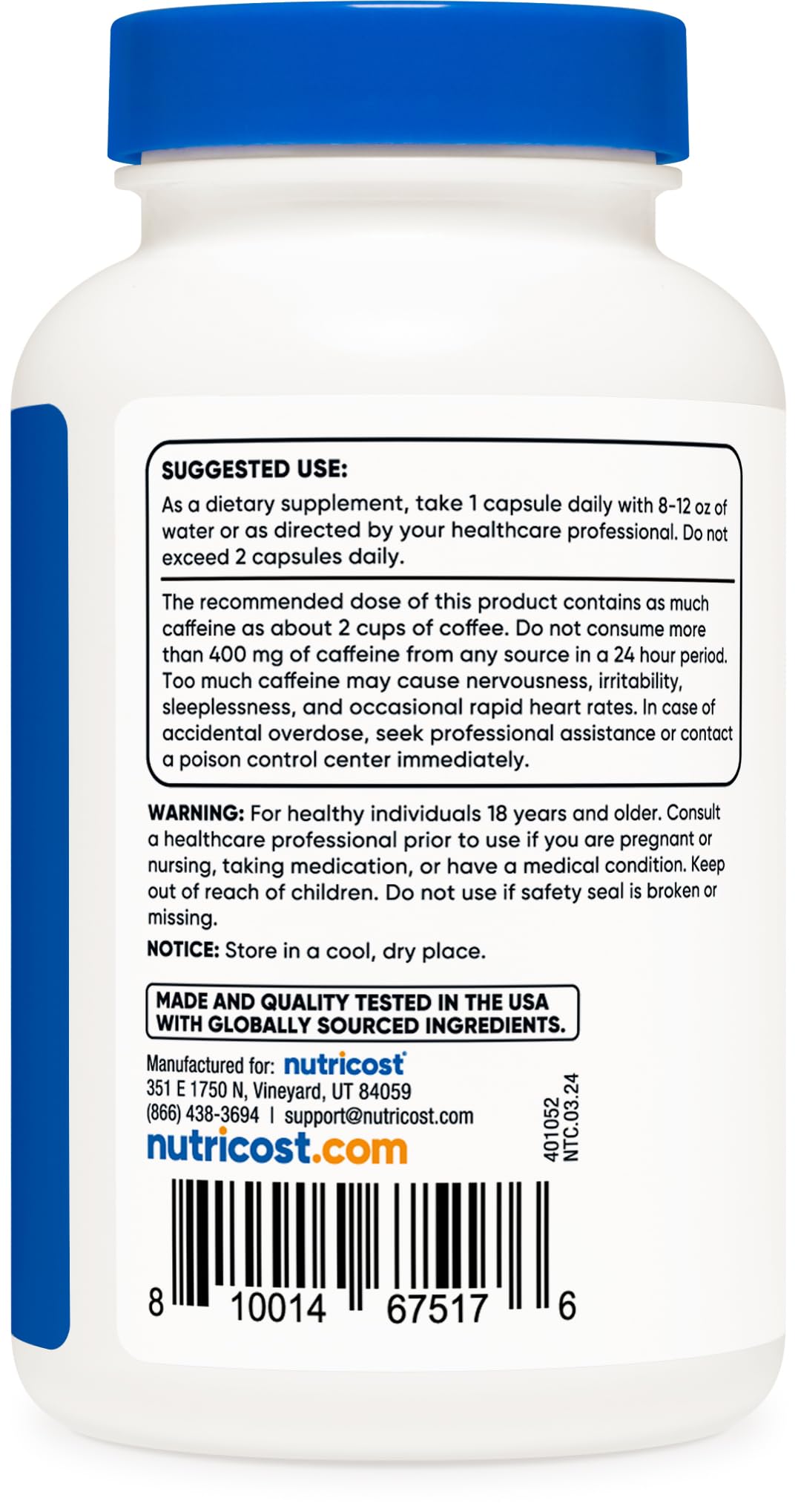 Nutricost Caffeine Pills Capsules 250 Count
