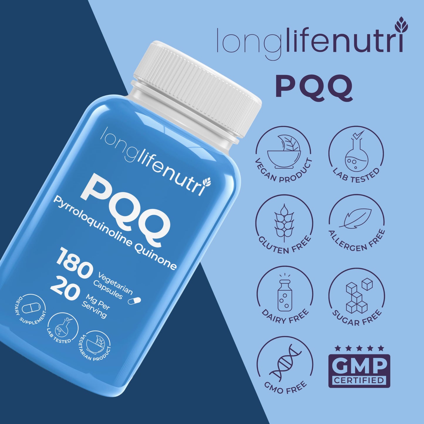 LongLifeNutri PQQ 20mg Capsules, 180 Count