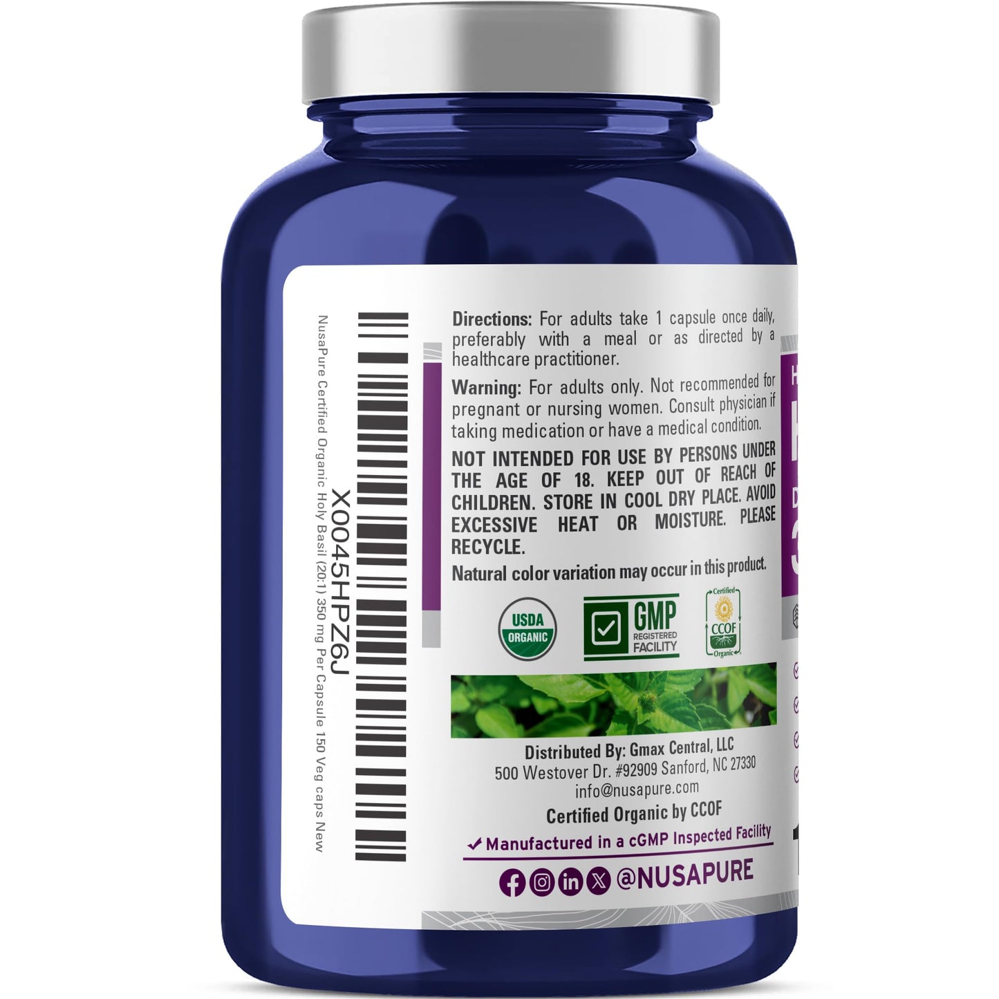 NusaPure Organic Holy Basil Capsules, 350 mg, 150 Count