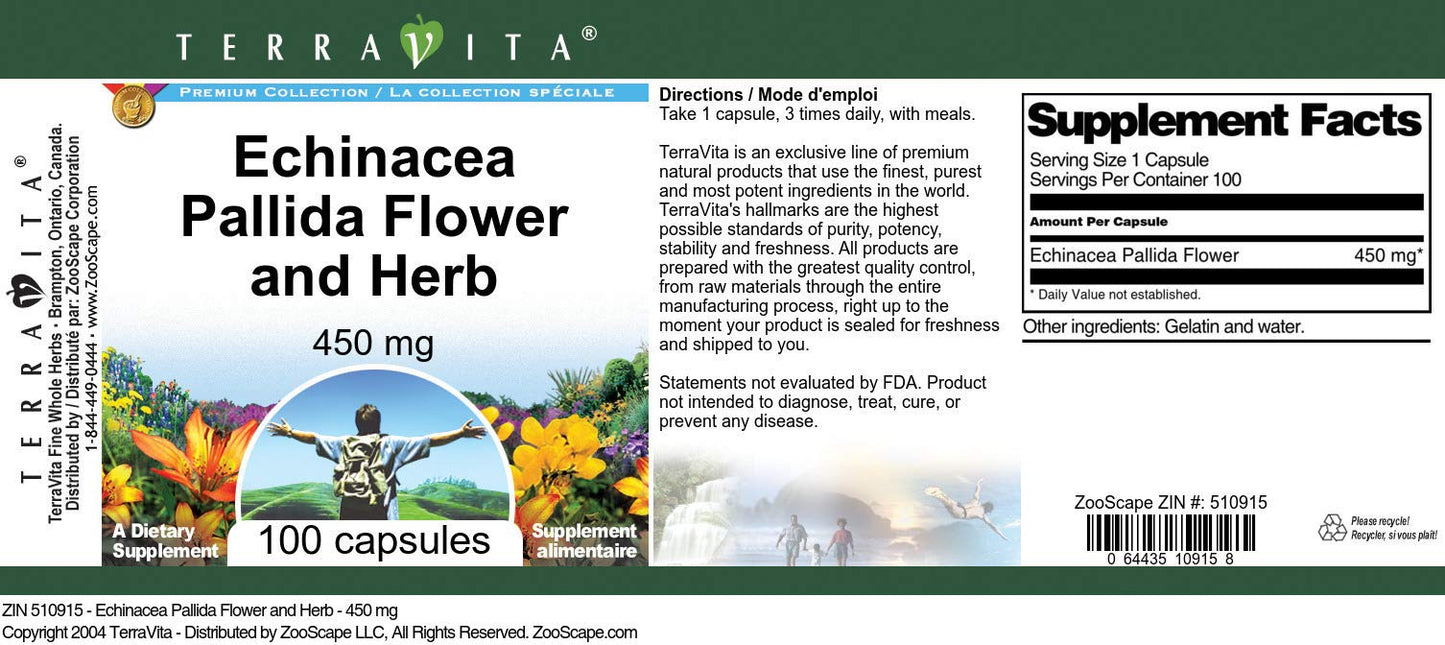 Terravita Echinacea Pallida Flower and Herb 450 mg Capsules 100 Count
