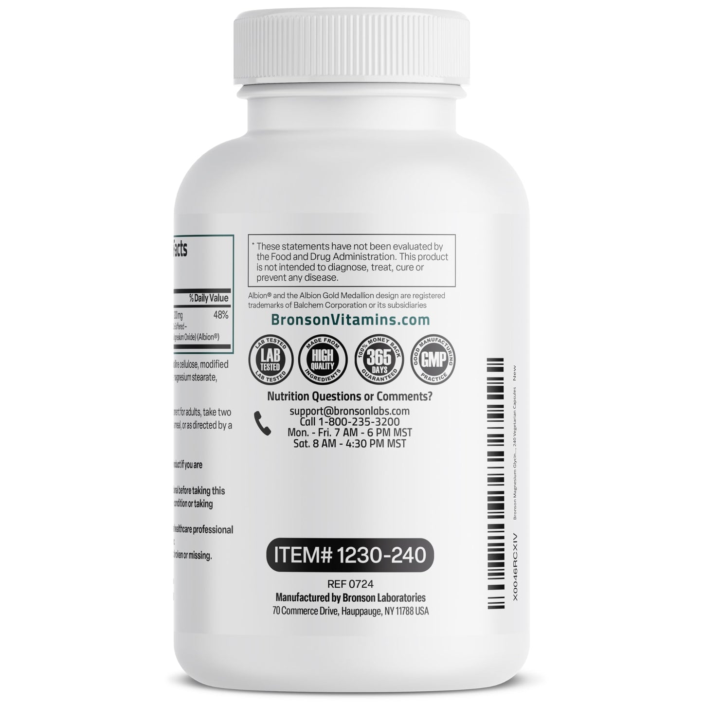 Bronson Magnesium Glycinate 200 mg per Serving Capsules, 240 Count