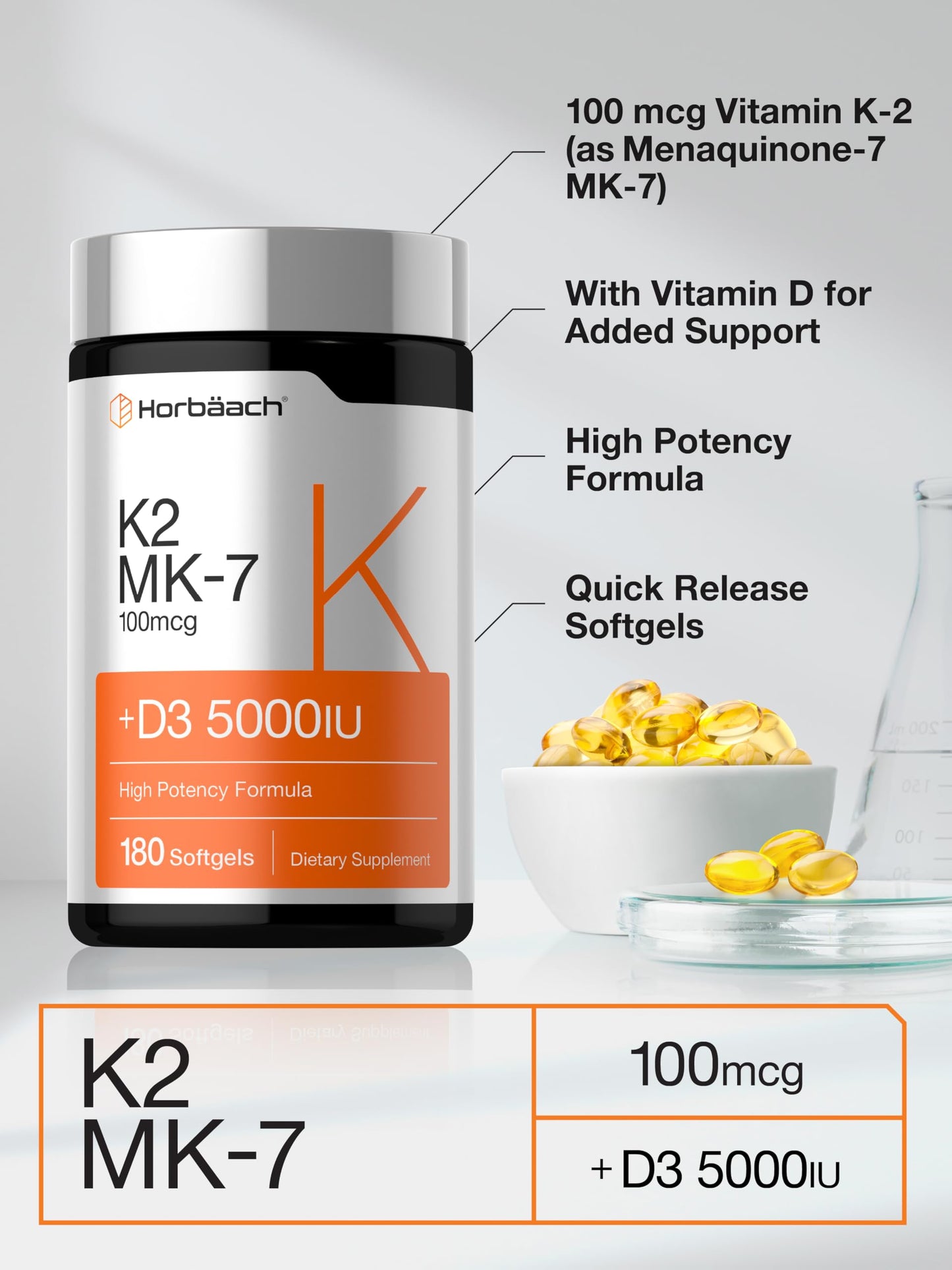 Horbäach Vitamin D3 K2 5000 iu 100mcg MK-7 Complex Softgel Capsules 180