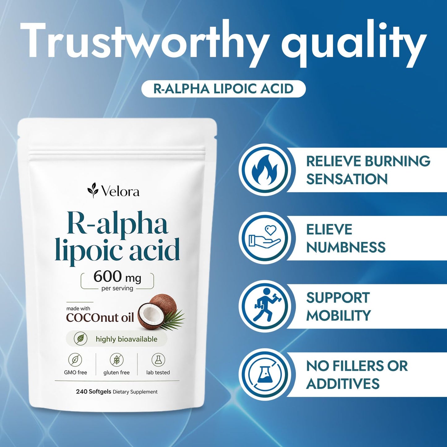 RESONA Velora R-Alpha Lipoic Acid with Coconut Oil Capsules 240 Count