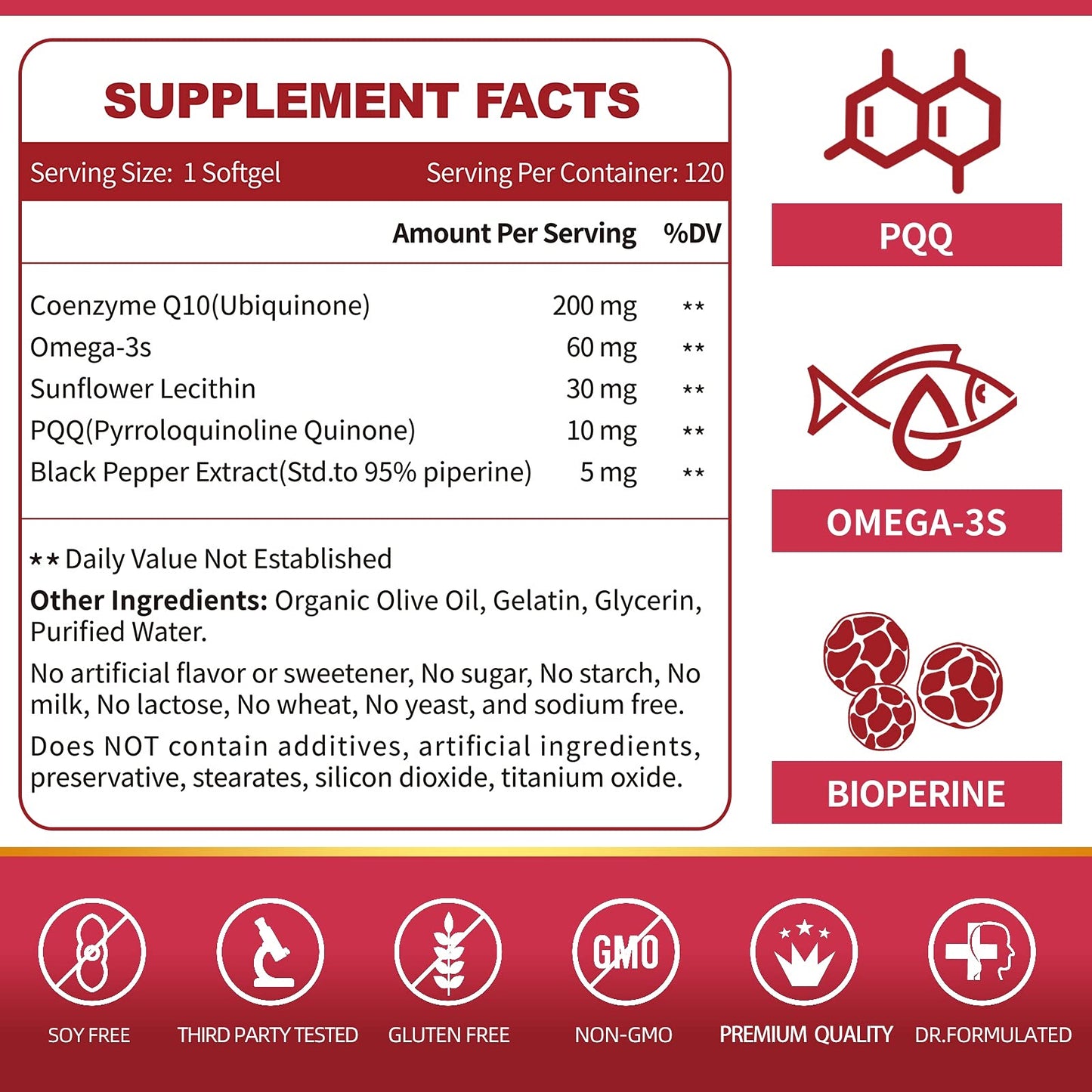 ZEBORA CoQ10 200mg Softgels with PQQ, BioPerine & Omega-3, 120 Softgels
