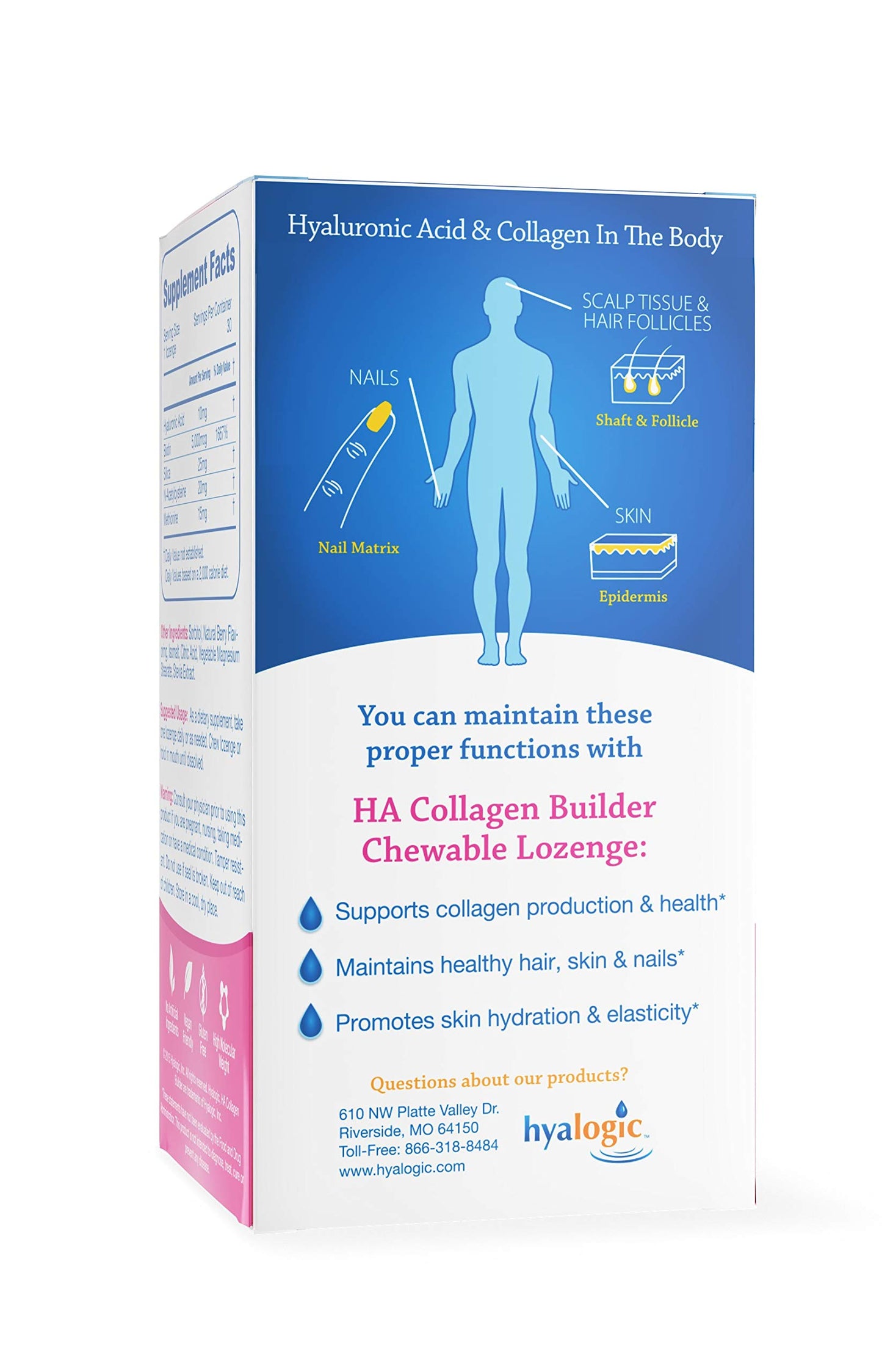 Hyalogic Hair Skin & Nails Hyaluronic Acid Collagen Builder Chewable Lozenges – Delicious Berry Flavor – 30 Count