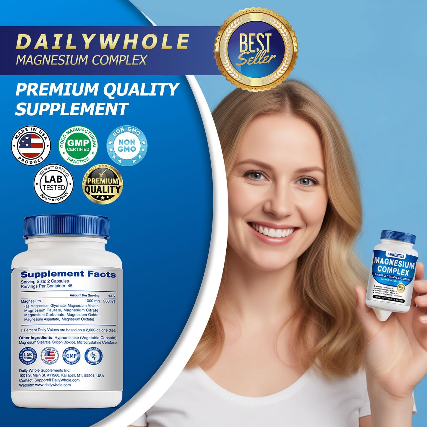 DailyWhole Magnesium Glycinate 8in1 Complex Supplement 1000mg Capsule, 90 Count