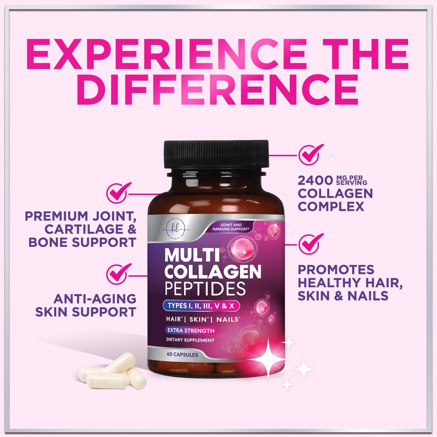 Hello Lovely! Multi Collagen Peptides Hydrolyzed Collagen Types I, II, III, V, X Capsule 60 Count