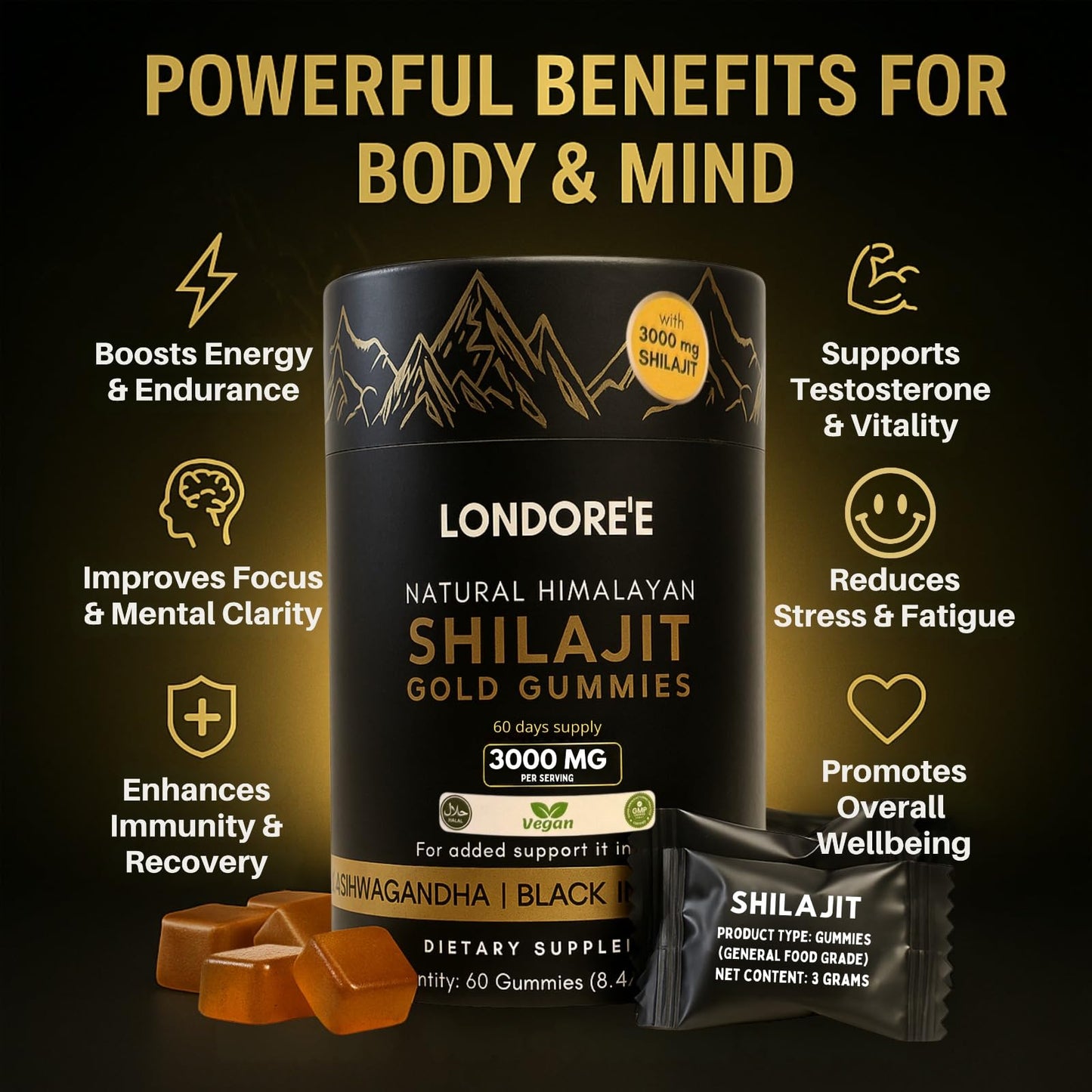 Londoree Himalayan Shilajit Gold Gummies 3000mg, 60 Count