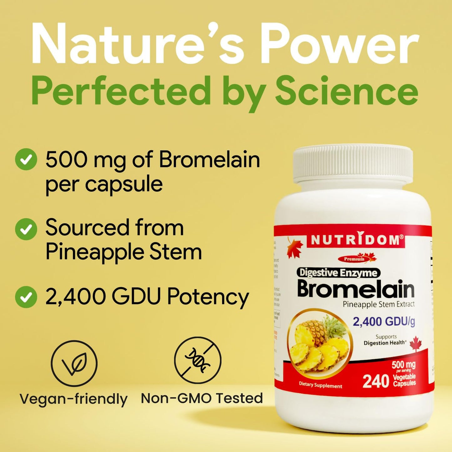 Nutridom Bromelain 2400 GDU/g – 500 mg Digestive Enzyme from Pineapple Stem Extract – Supports Protein Digestion – Non-GMO, Vegan, Gluten Free – 240 Capsules