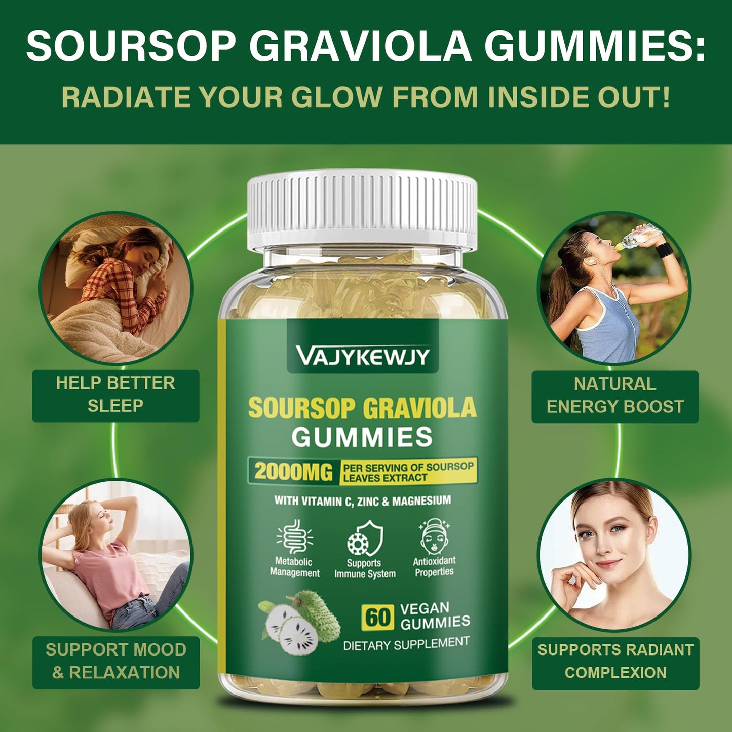 VAJYKEWJY Soursop Graviola Gummies - 2000mg Extra Strength Soursop Leaves Extract, Vitamin C, Zinc & Whole Natural Food for Immunity, Vegan, 60 Gummies