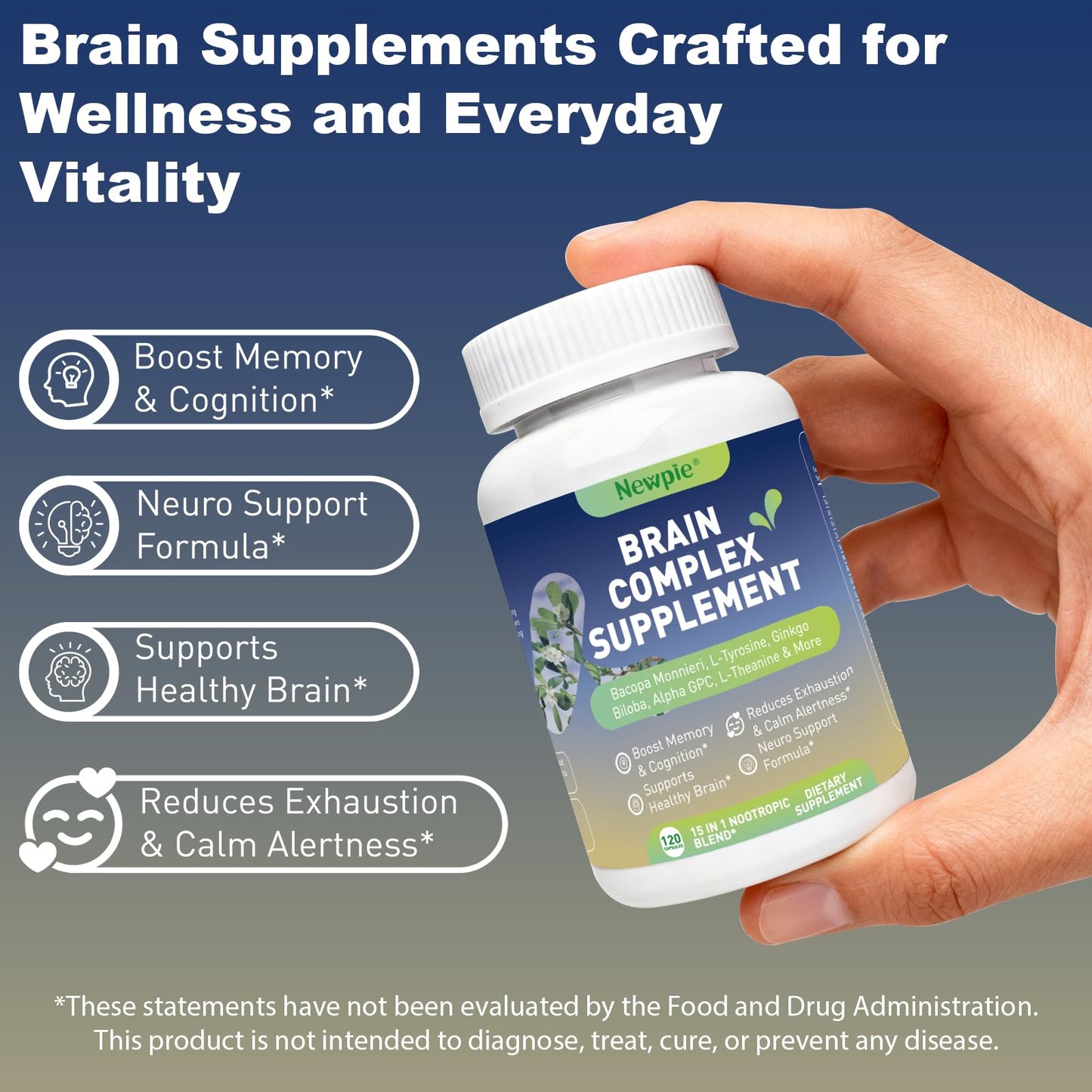 Newpie 15 in 1 Brain Supplement Nootropic Capsule, 120 Capsules