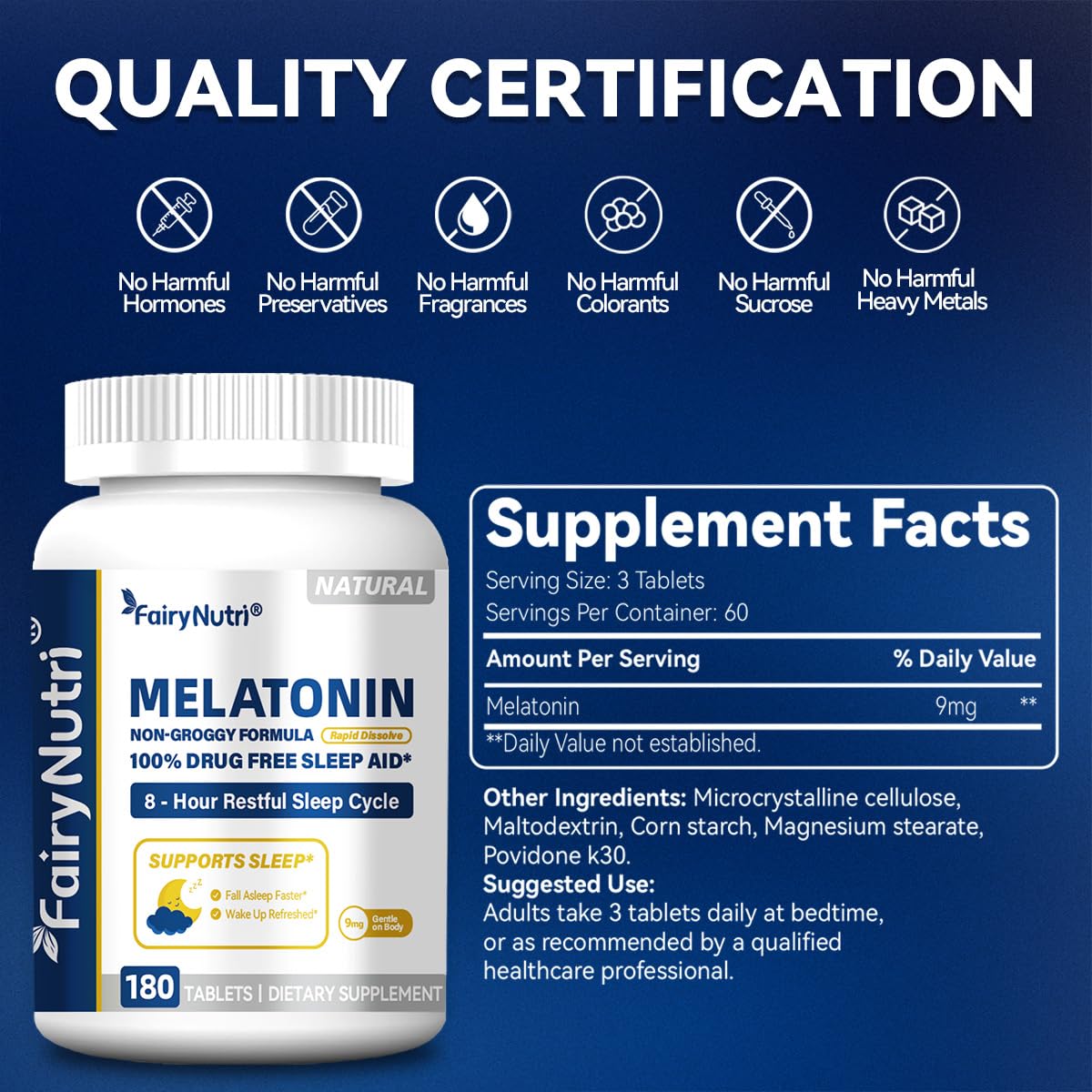 fairynutri Melatonin 9mg Non-Groggy Formula 100% Drug Free Sleep Aid Tablet 180 Tablets