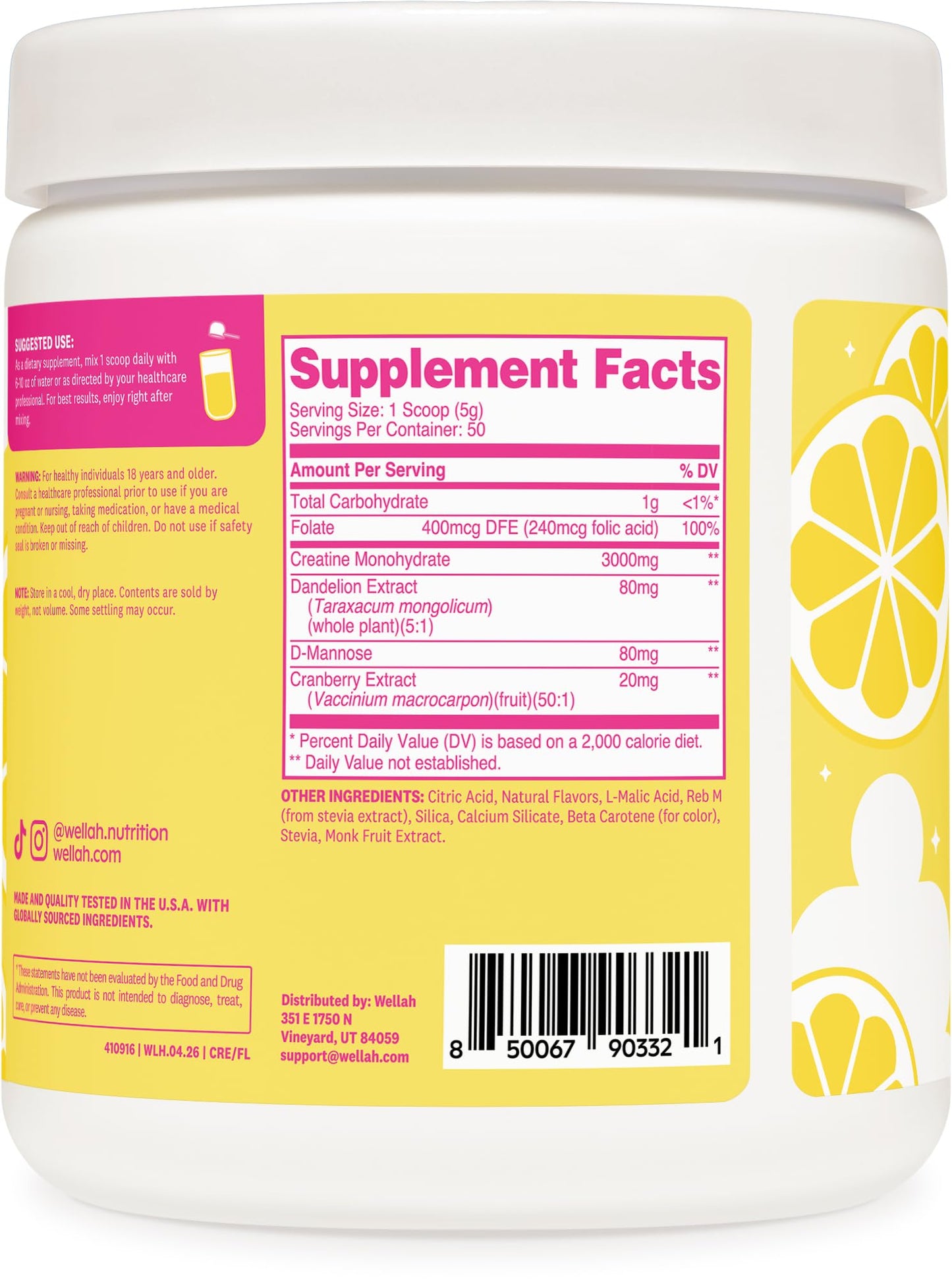 Wellah Creatine for Women - Creatine Monohydrate with Dandelion & Cranberry Extract, Powder, 50 Servings, 9.8