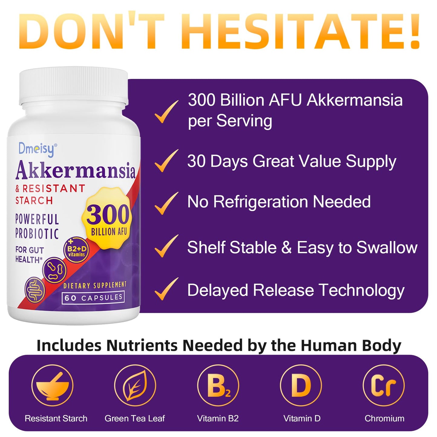Dmeisy Akkermansia Muciniphila Probiotic - 300 Billion AFU Capsule, 120 Count