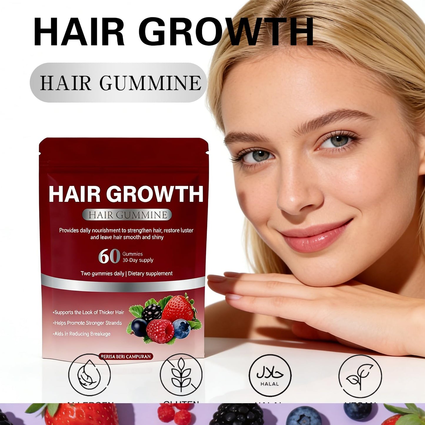 Umizze Hair Growth Gummies Biotin Soft Chews, Mixed Berry Flavor, 60 Count