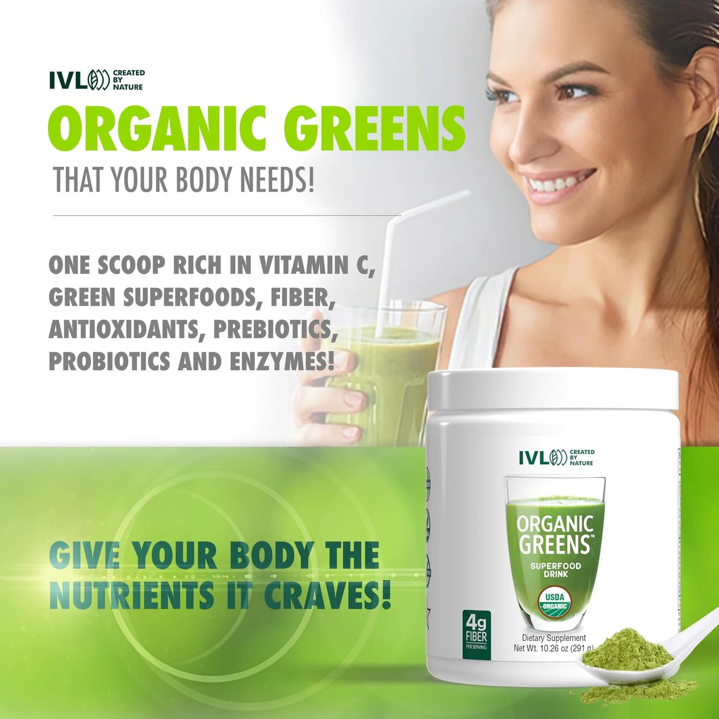 IVL Organic Greens Powder 10.26 oz, 30 Servings