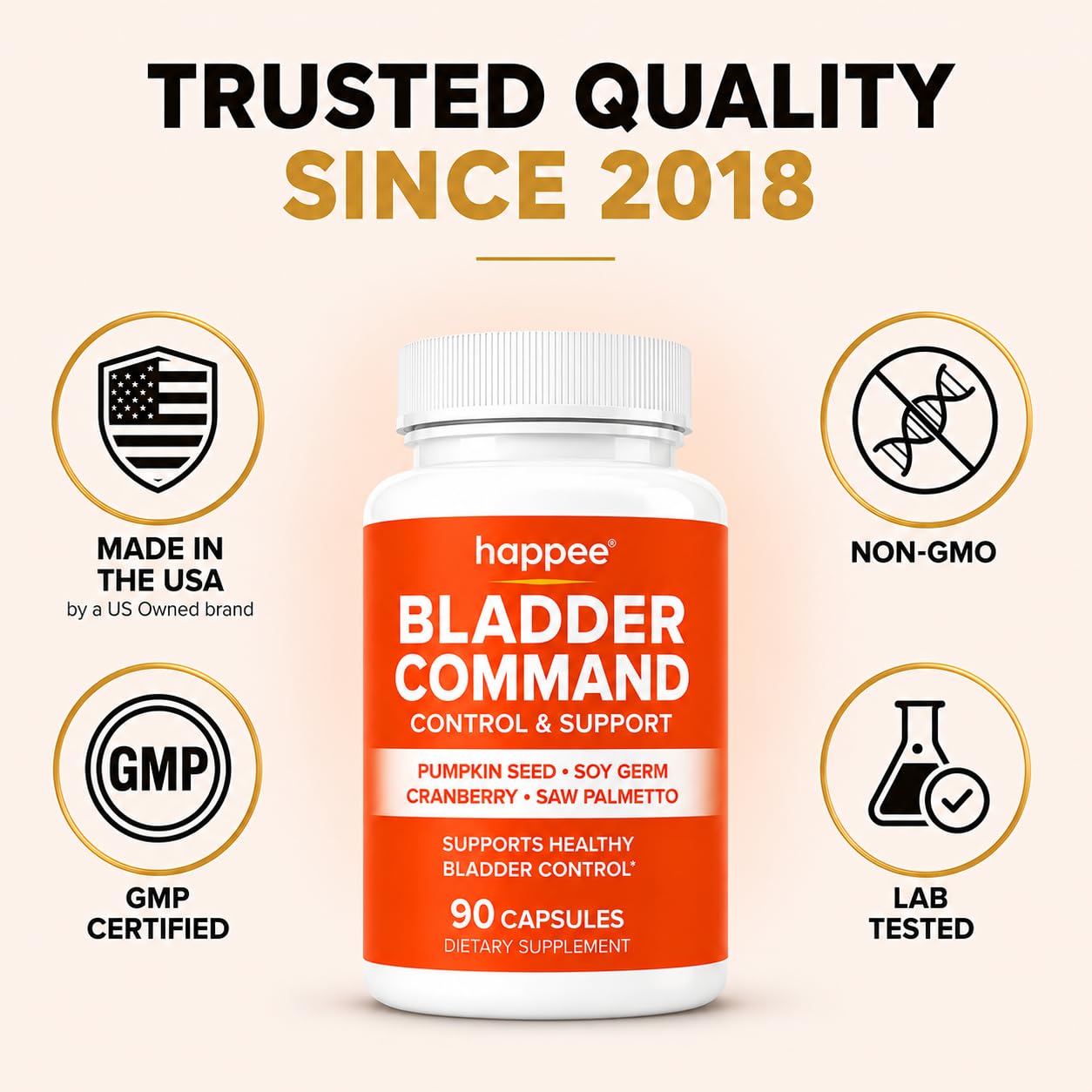 Happee Bladder Control Supplement for Women & Men 1,220mg Urinary Support Capsule 90 Count