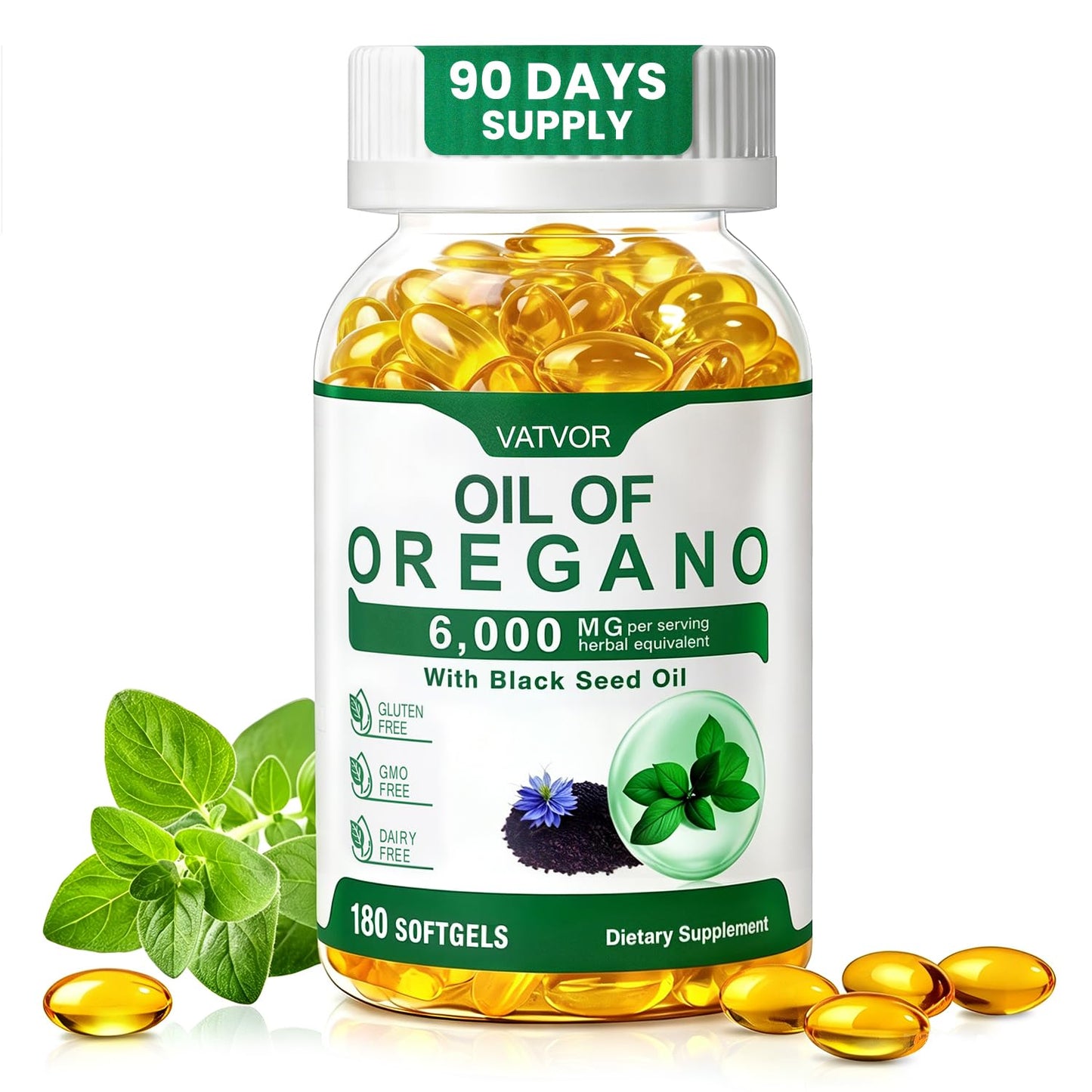 Vatvor Oil of Oregano with Black Seed Oil Softgels, 180 Count