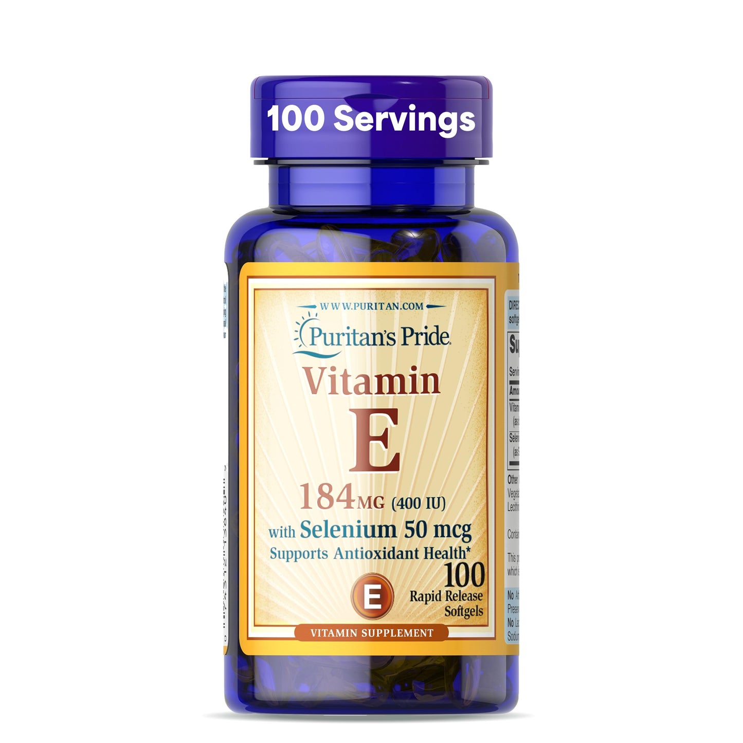 Puritan's Pride Vitamin E 184mg (400 IU) with Selenium 50mcg Softgels, 100 count
