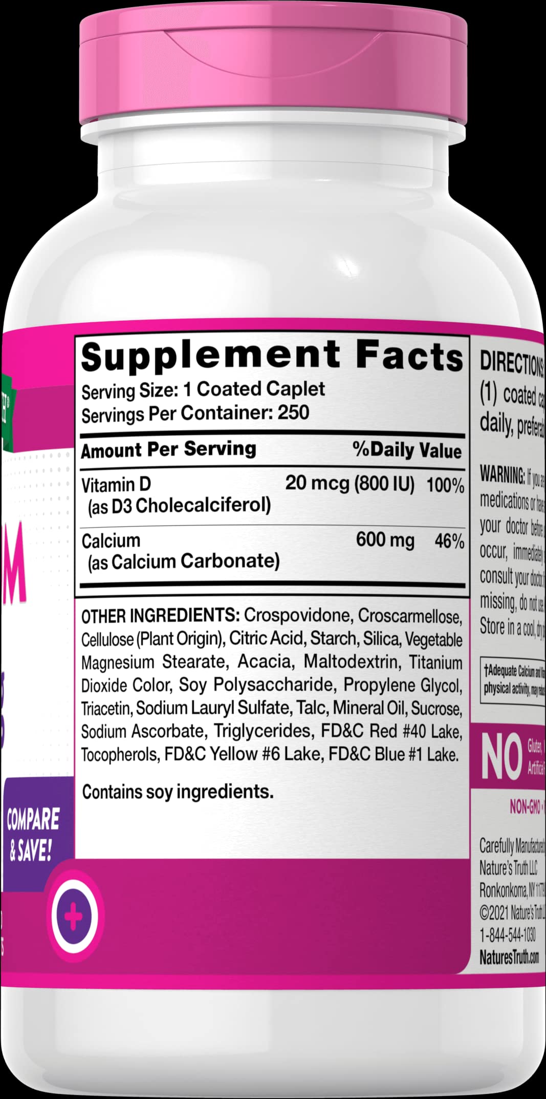 Nature's Truth Calcium 600 mg + D3 Dietary Supplement 500 Tablets