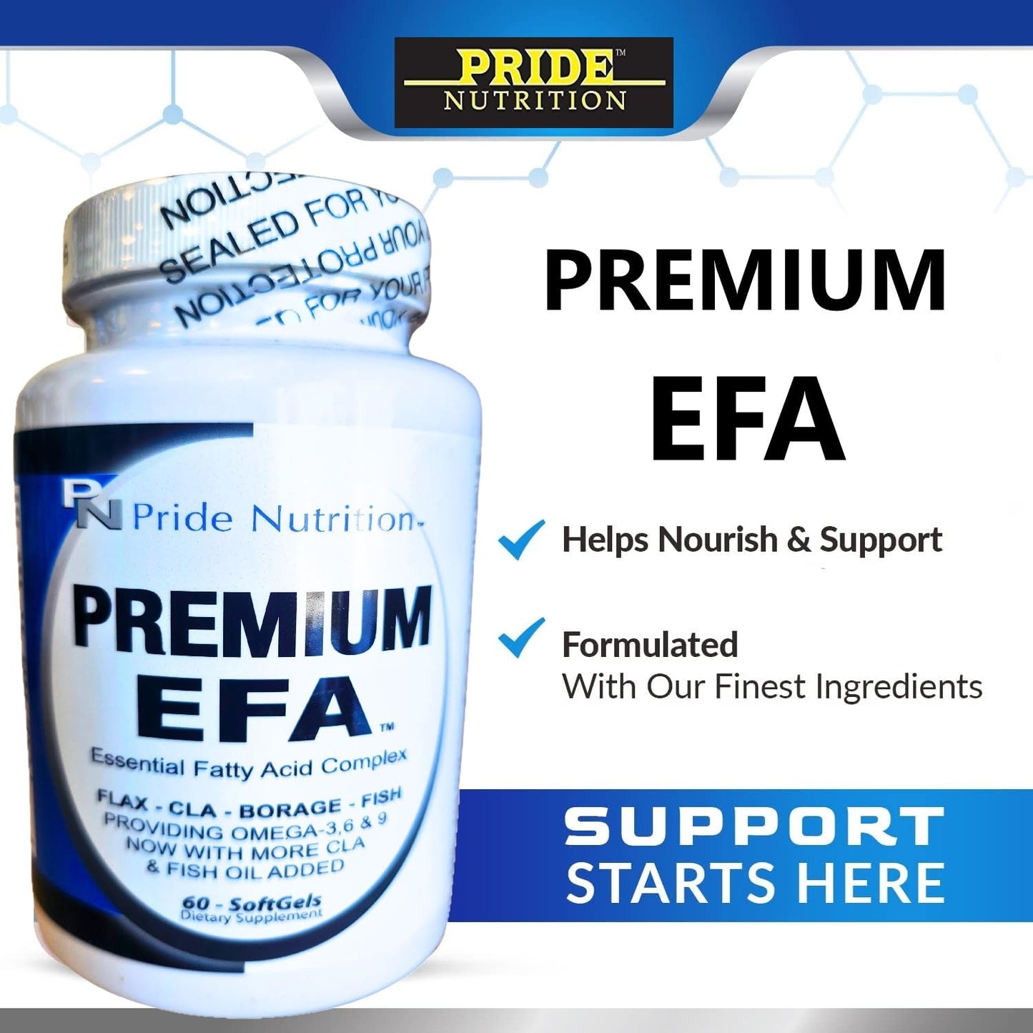 Pride Nutrition Premium EFA Omega 3-6-9 Supplement for Men and Women 5 in 1 - EPA, DHA, GLA, ALA & CLA Essential Fatty Acids with Fish Oil Capsules, 60 Count