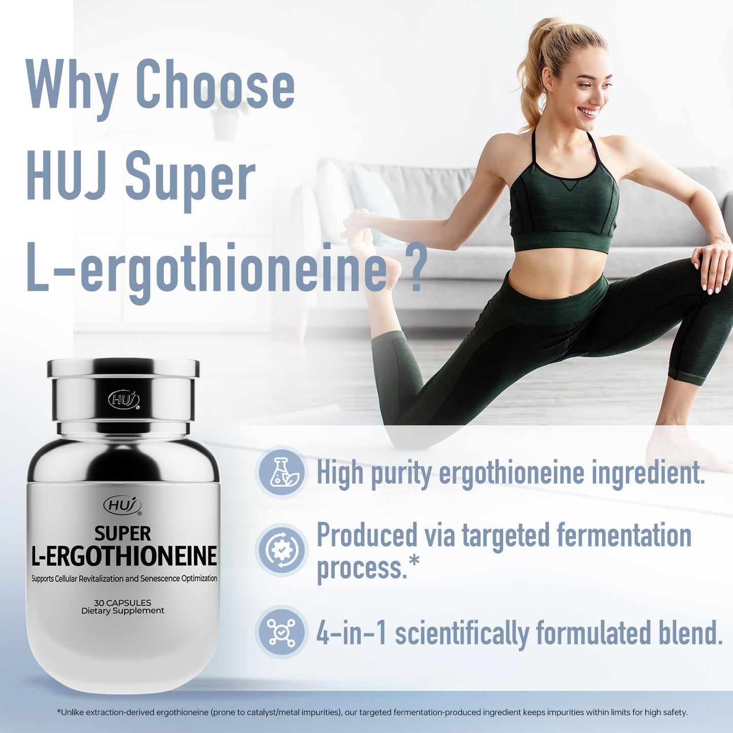 HUJ Super L-ergothioneine 30mg(EGT)/Serving - Premium Complex with PQQ, Urolithin A & Wheat Germ Extract - Support Normal Cellular Health Maintenance and Normal Healthy Aging, 30 Capsules