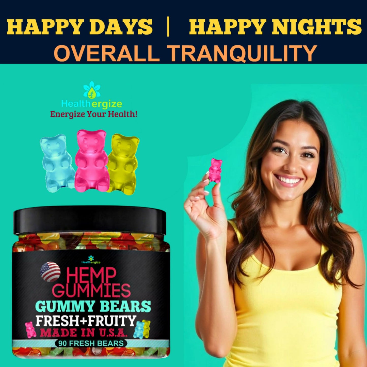 Healthergize Hemp Gummies for Sleep - Calm Relaxing Night Support - Non-Melatonin, Chewable, 90 Count