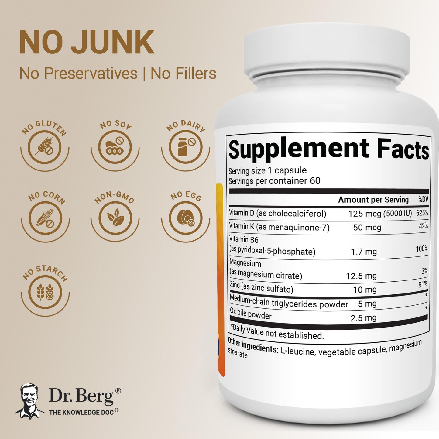 Dr. Berg Nutritionals Maximum Strength 2-in-1 Vitamin D3 K2 5000 IU Capsules, 60 Count