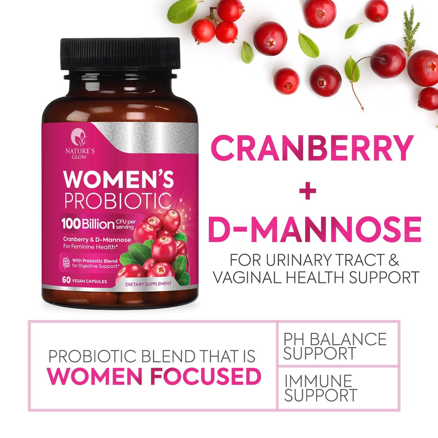 Nature's Glow Probiotics For Women - PH Balance, Digestive & Feminine Health Support - 100 Billion CFU Per Serving - Women's Probiotic With 16 Unique Strains, Vaginal Probiotic Capsules 60 Count