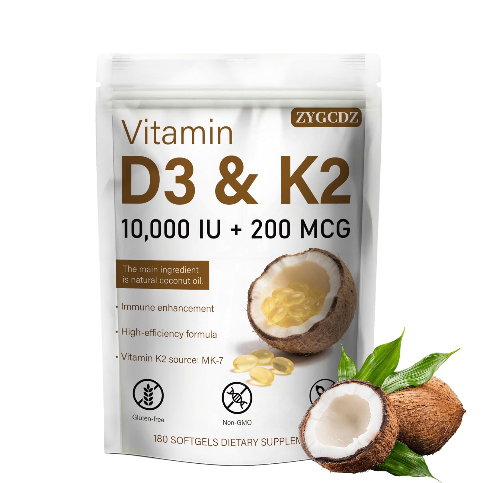 ZYGCDZ Vitamin D3 10000 IU with K2 MK-7 200 mcg Softgels 180 Count