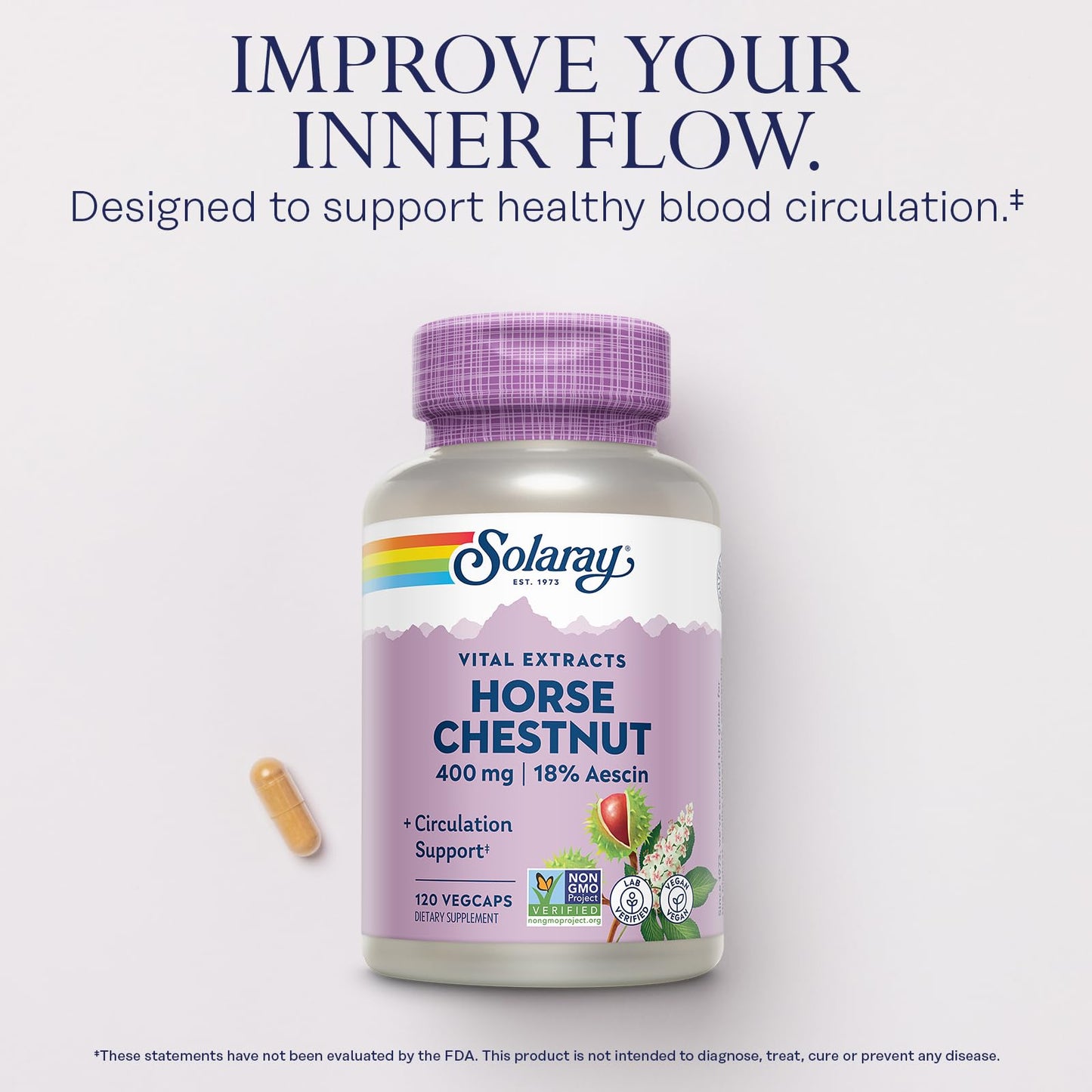 SOLARAY Horse Chestnut Extract 400 mg - Standardized to 72 mg Aescin - with 55 mg Butchers Broom Capsules, 120 Count