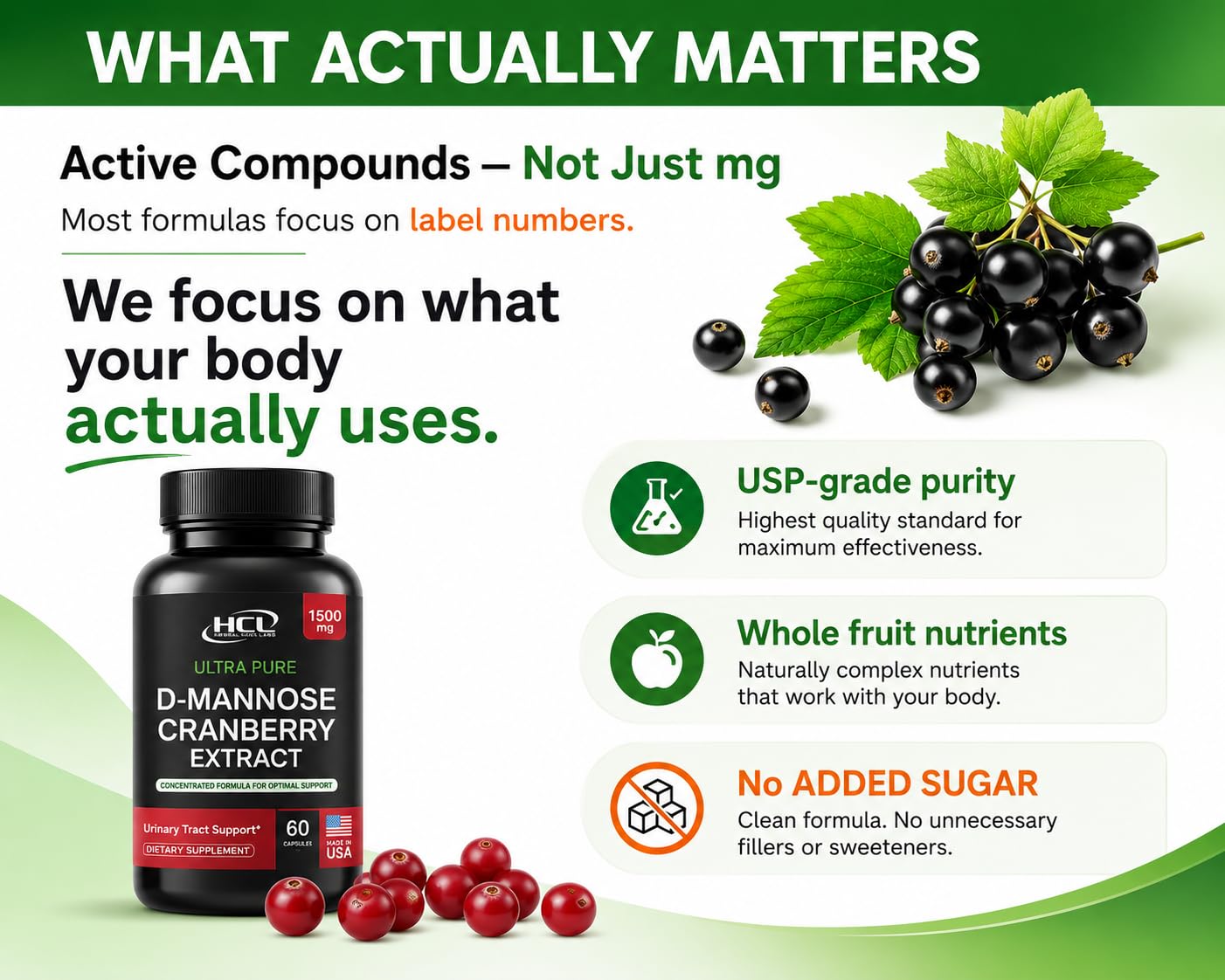 HCL Herbal Code Labs D-Mannose with Cranberry Extract 1500mg, 60 Capsules