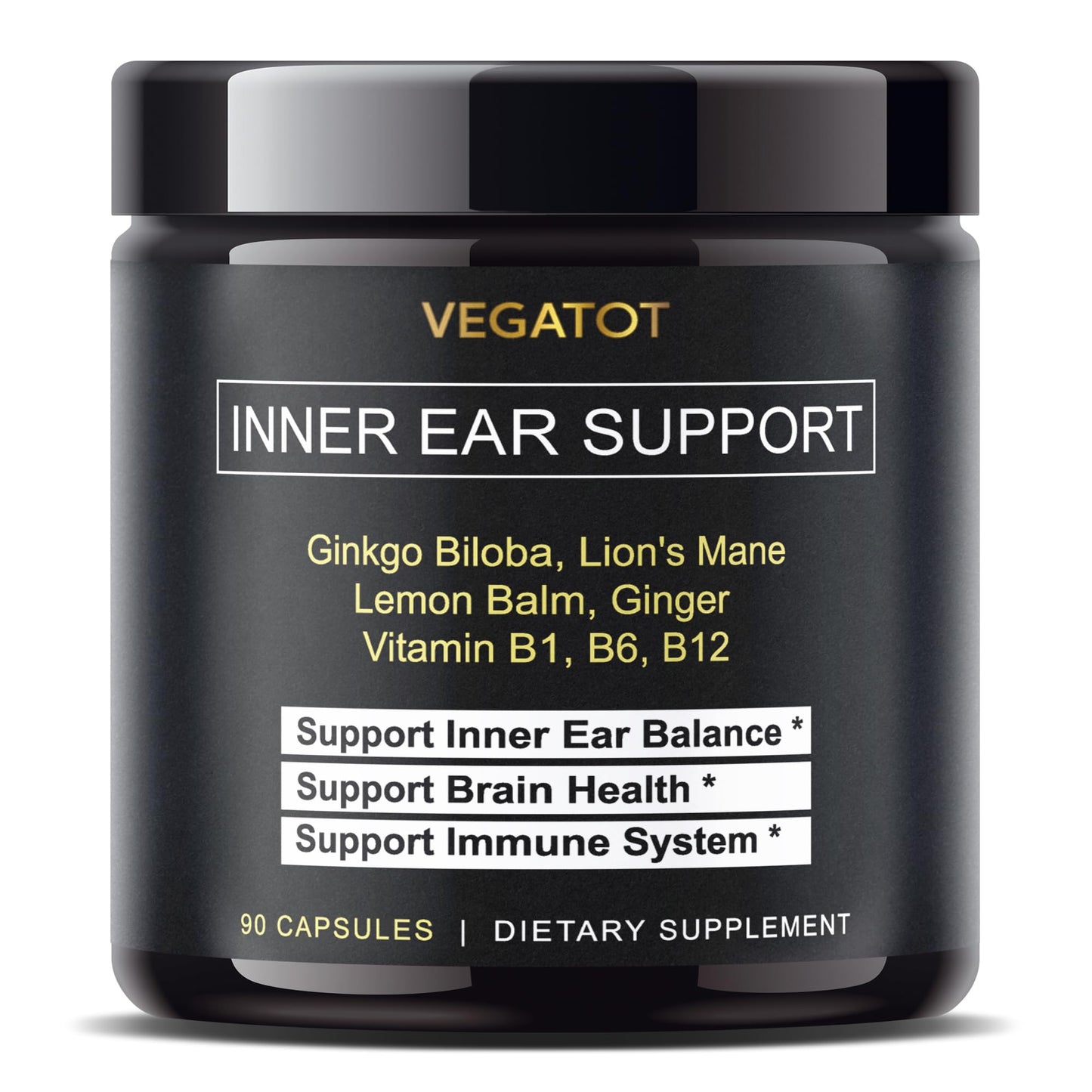 VEGATOT Inner Ear Support Supplement with Ginkgo Biloba, Lion's Mane, Lemon Balm & Ginger, Brain & Immune Wellness Formula with Vitamins B1, B6 & B12 90 Capsules