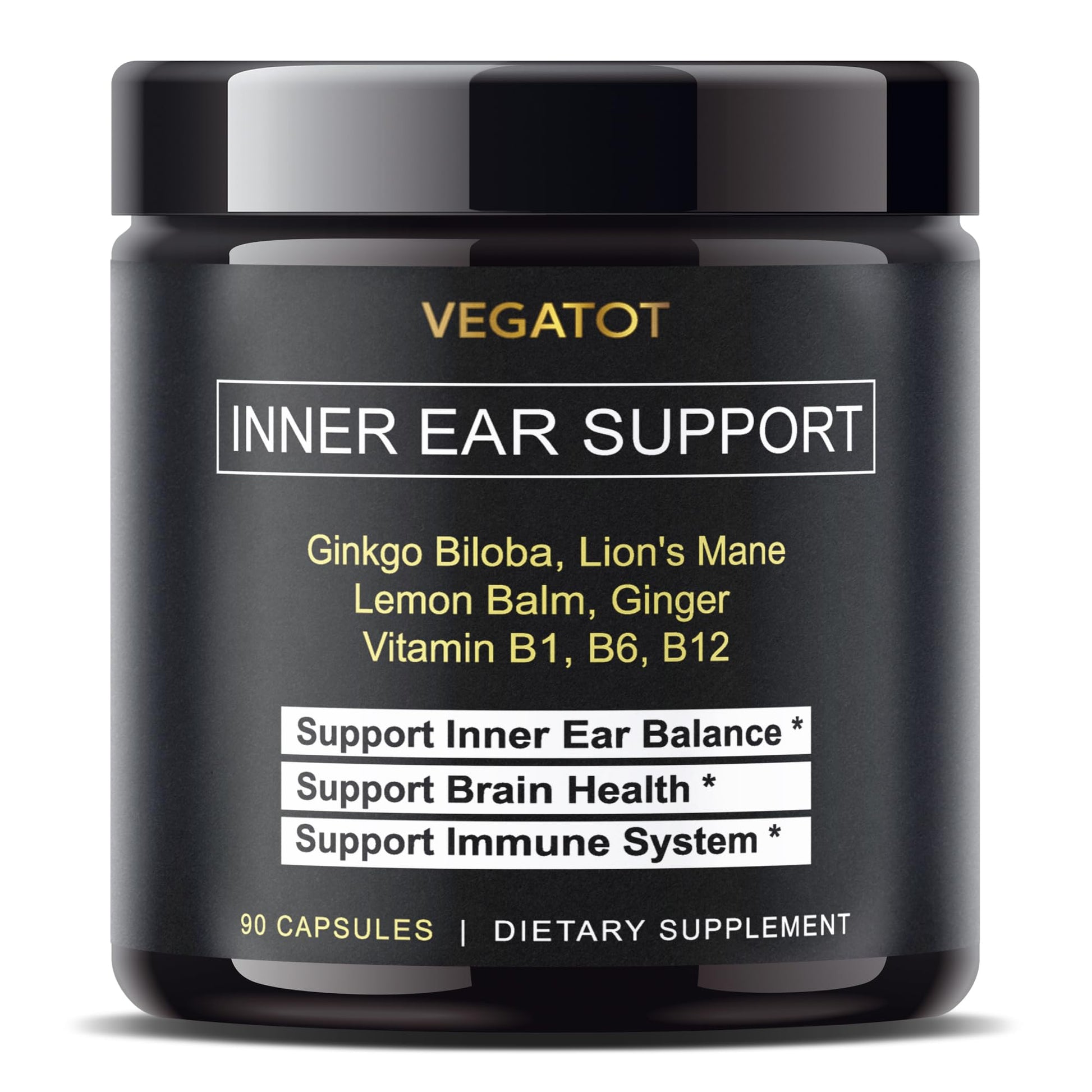 VEGATOT Inner Ear Support Supplement with Ginkgo Biloba, Lion's Mane, Lemon Balm & Ginger, Brain & Immune Wellness Formula with Vitamins B1, B6 & B12 90 Capsules