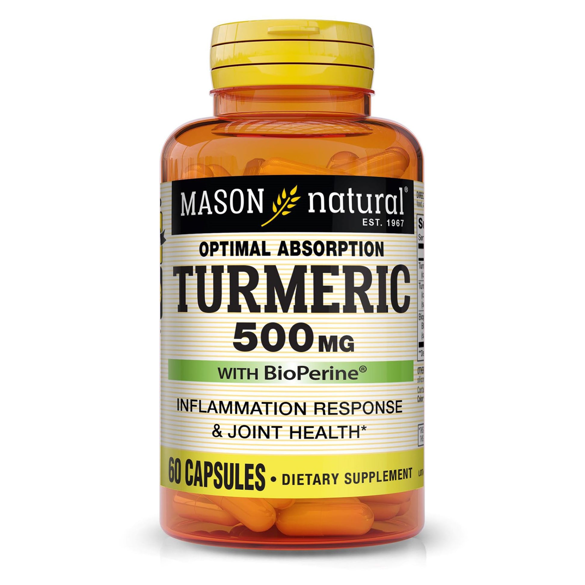 Mason Natural Optimal Absorption Turmeric 500 mg with BioPerine, Supports Normal Joint Health, 60 Capsules