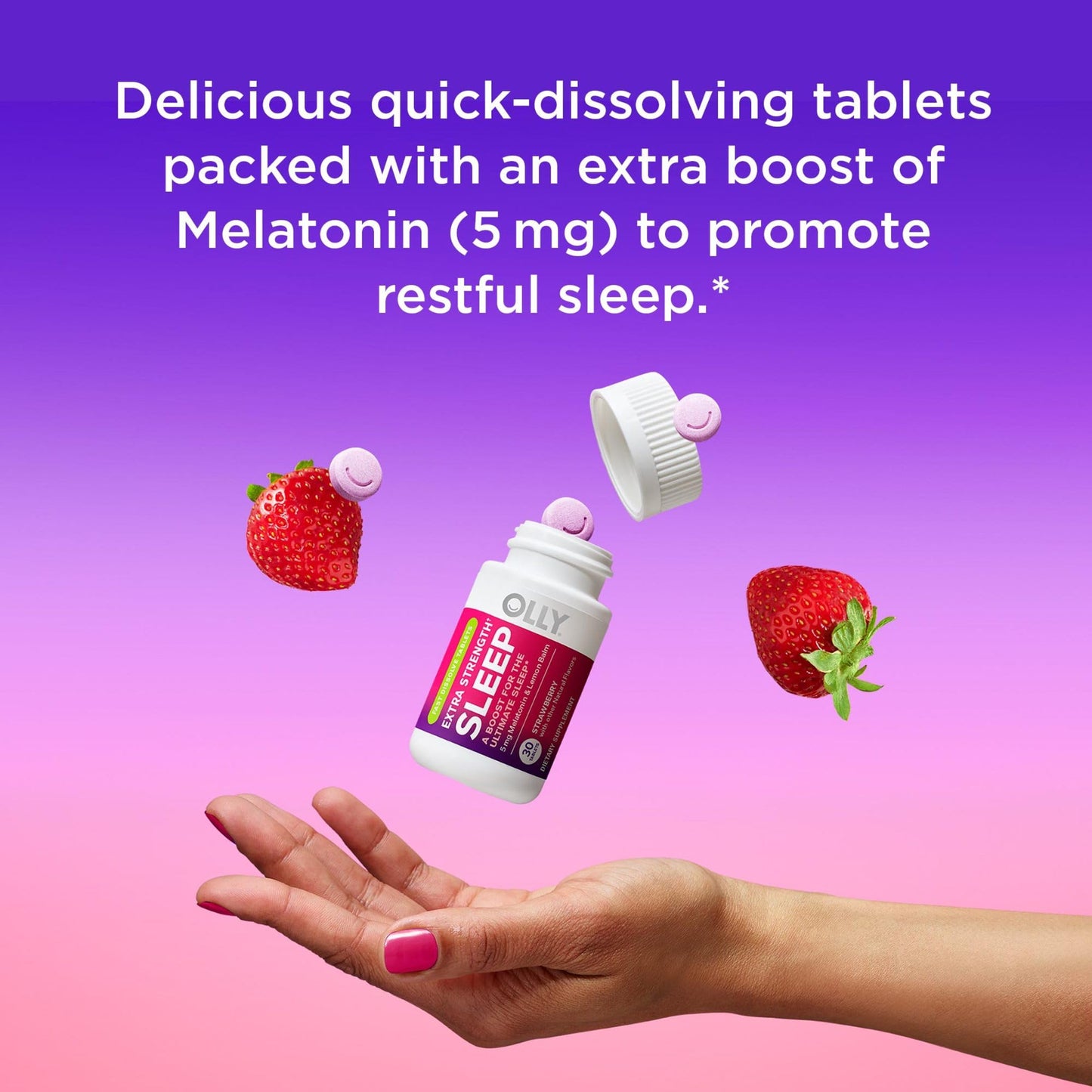 OLLY Extra Strength Sleep Fast Dissolve Tablets, 5mg Melatonin, Vegan, Strawberry, 30 Tablets