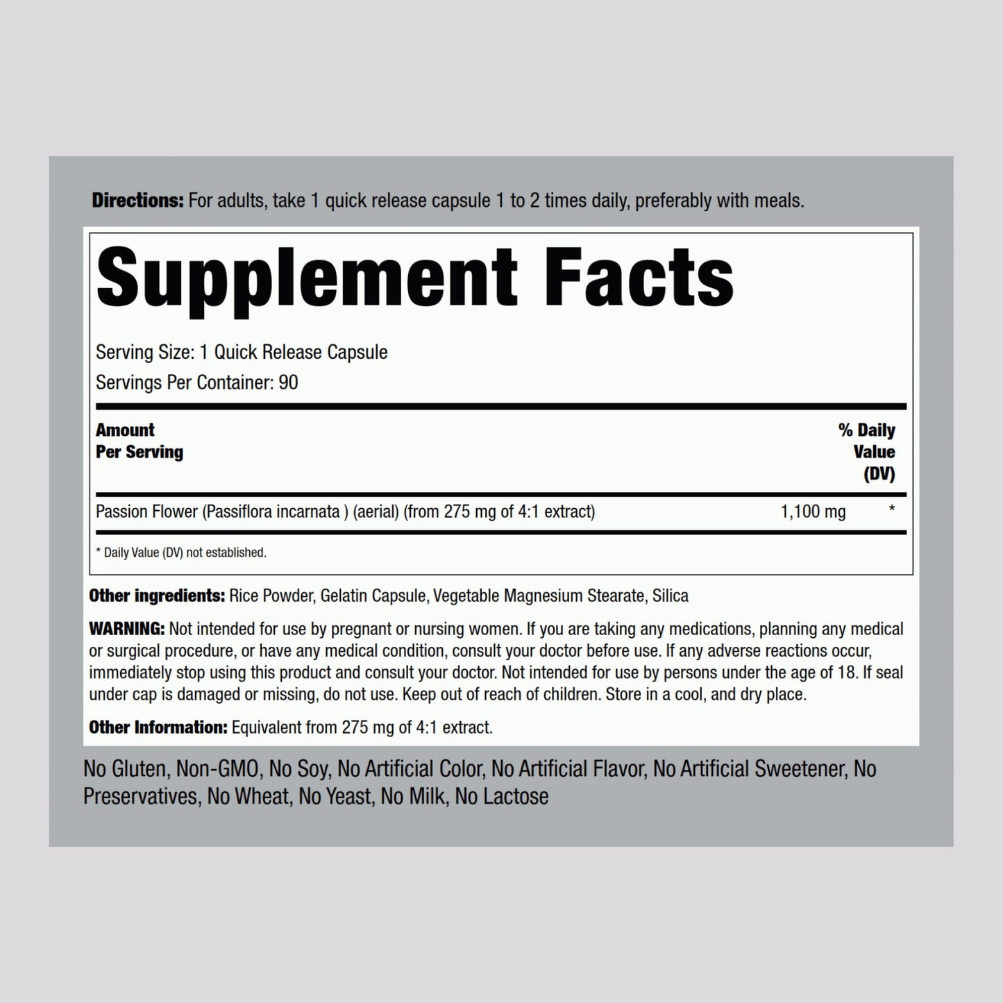 Piping Rock Passion Flower 1100 mg Capsules, 90 Count