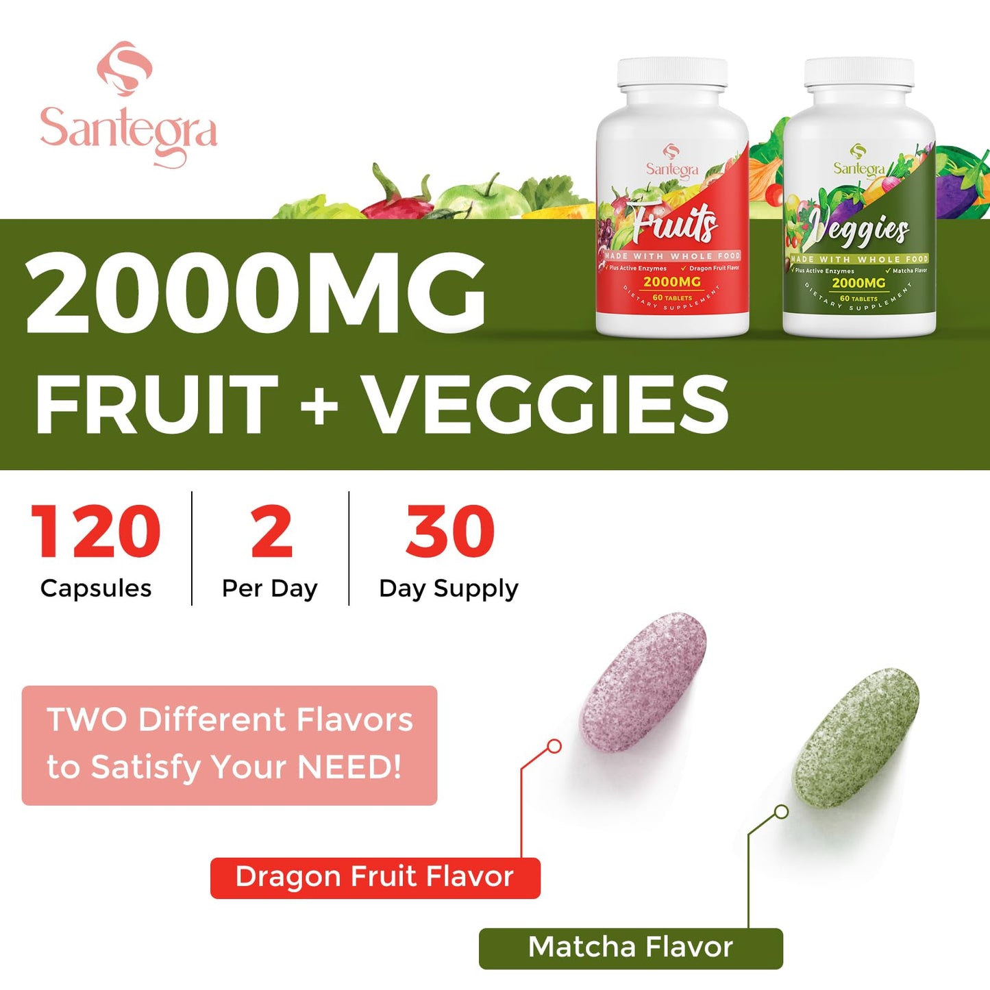 Santegra 2000 MG Fruit and Veggies Supplement Tablets 240