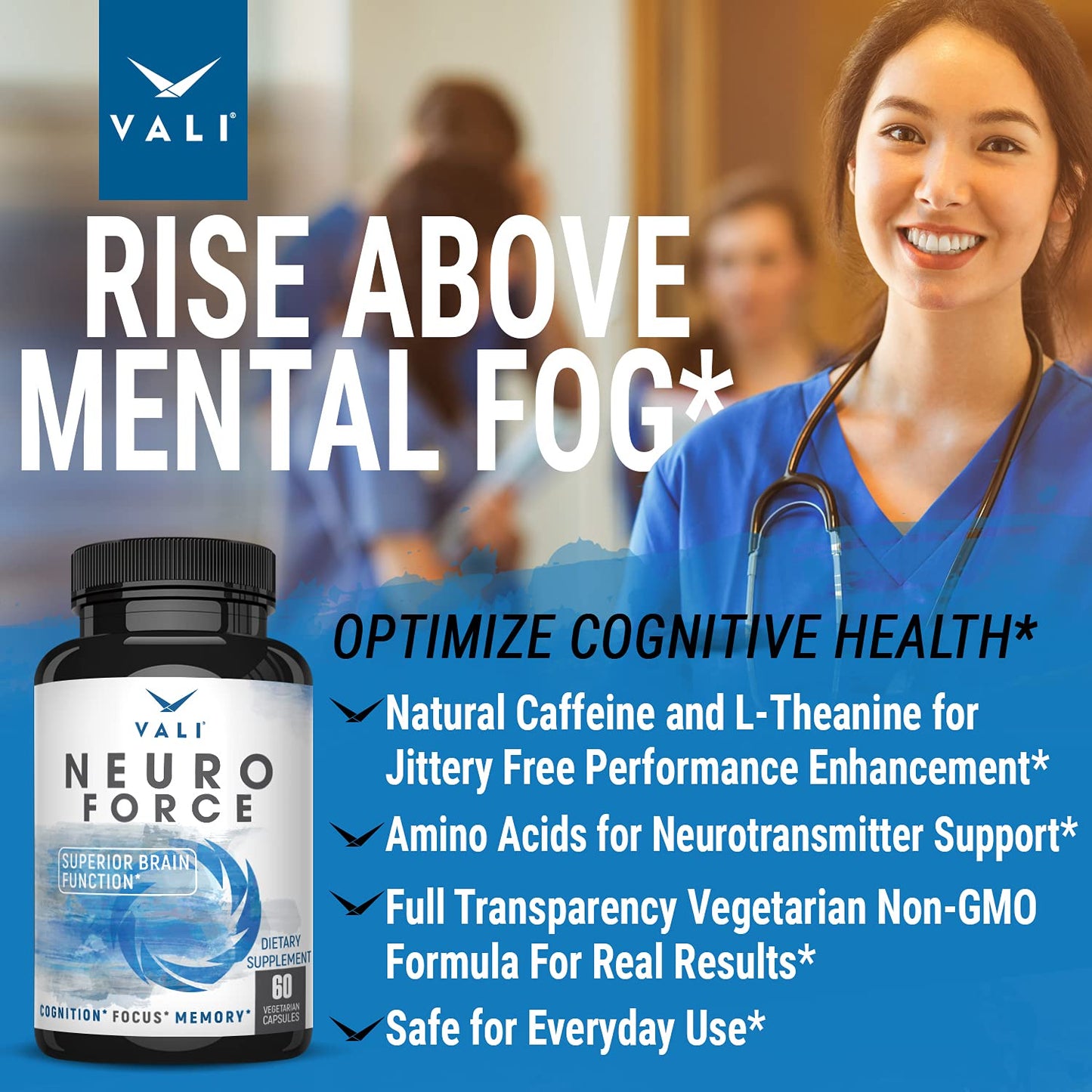 VALI Neuro Force Brain Booster Capsule, 60 Count, Nootropic for Focus, Memory, Clarity & Energy, with Natural Caffeine