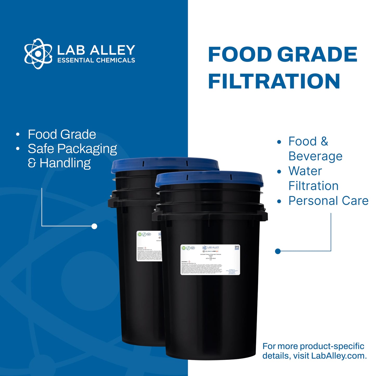 Lab Alley Activated Carbon (Charcoal), Granular, Food Grade, Kosher Certified, GMO-Free, Powder, 50 lb, 1 Count