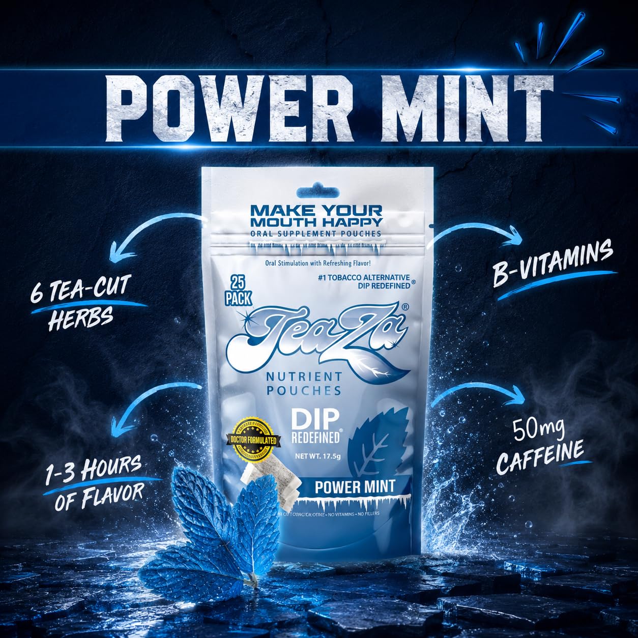 TeaZa Energy Tobacco-Free Pouches Nicotine-Free Dip Smokeless Snuff Power Mint Chewables, 100 Count