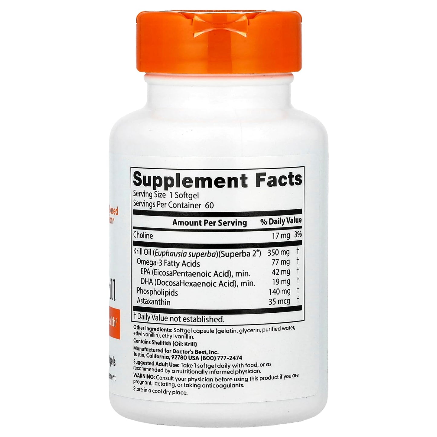 Doctor's Best Real Krill Antarctic Krill Oil Complex 350 mg Softgels, 60 count