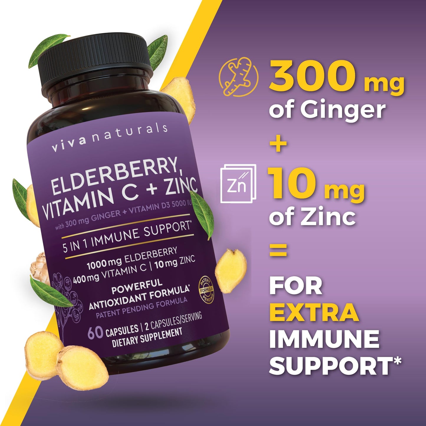 Viva Naturals Black Elderberry 1000mg with Vitamin C, D3 5000 IU & Zinc - 5-in-1 Immune Support Sambucus Elderberry Capsules with Ginger, 60 Capsules